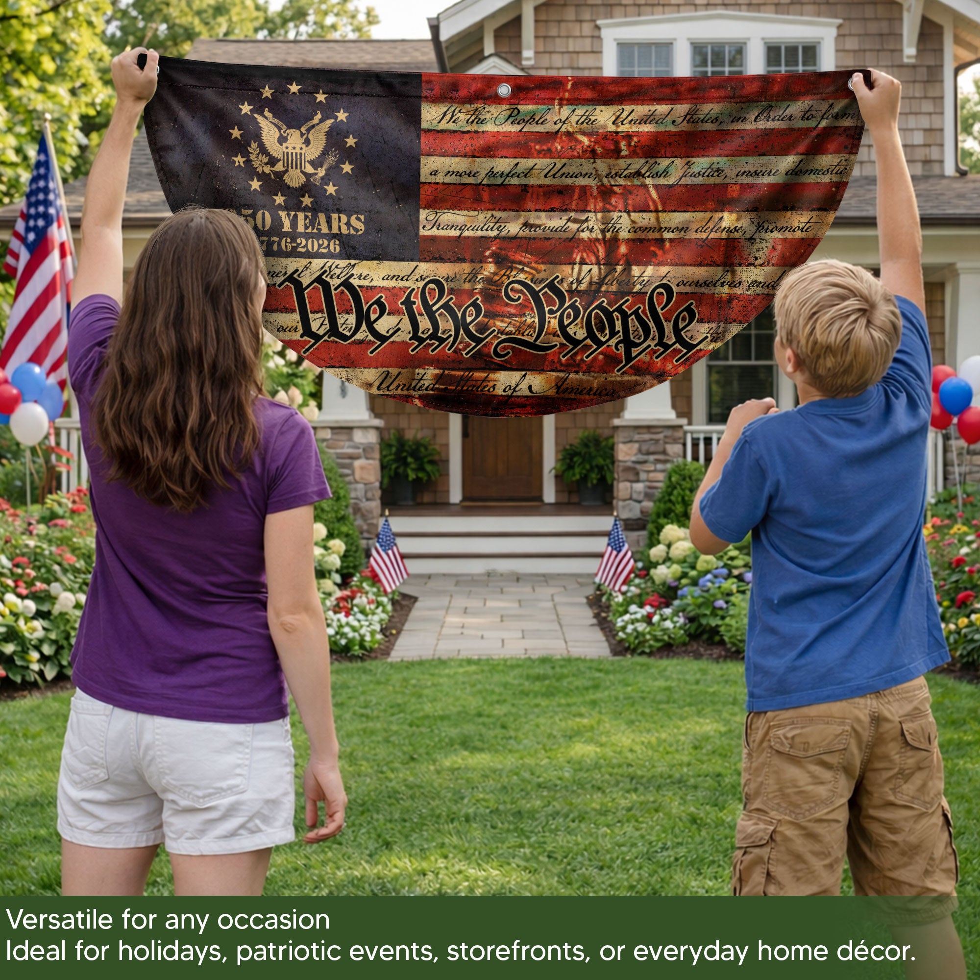 250th Anniversary USA Flag Fence Banner - We The People & Eagle Design for 2026 Celebration