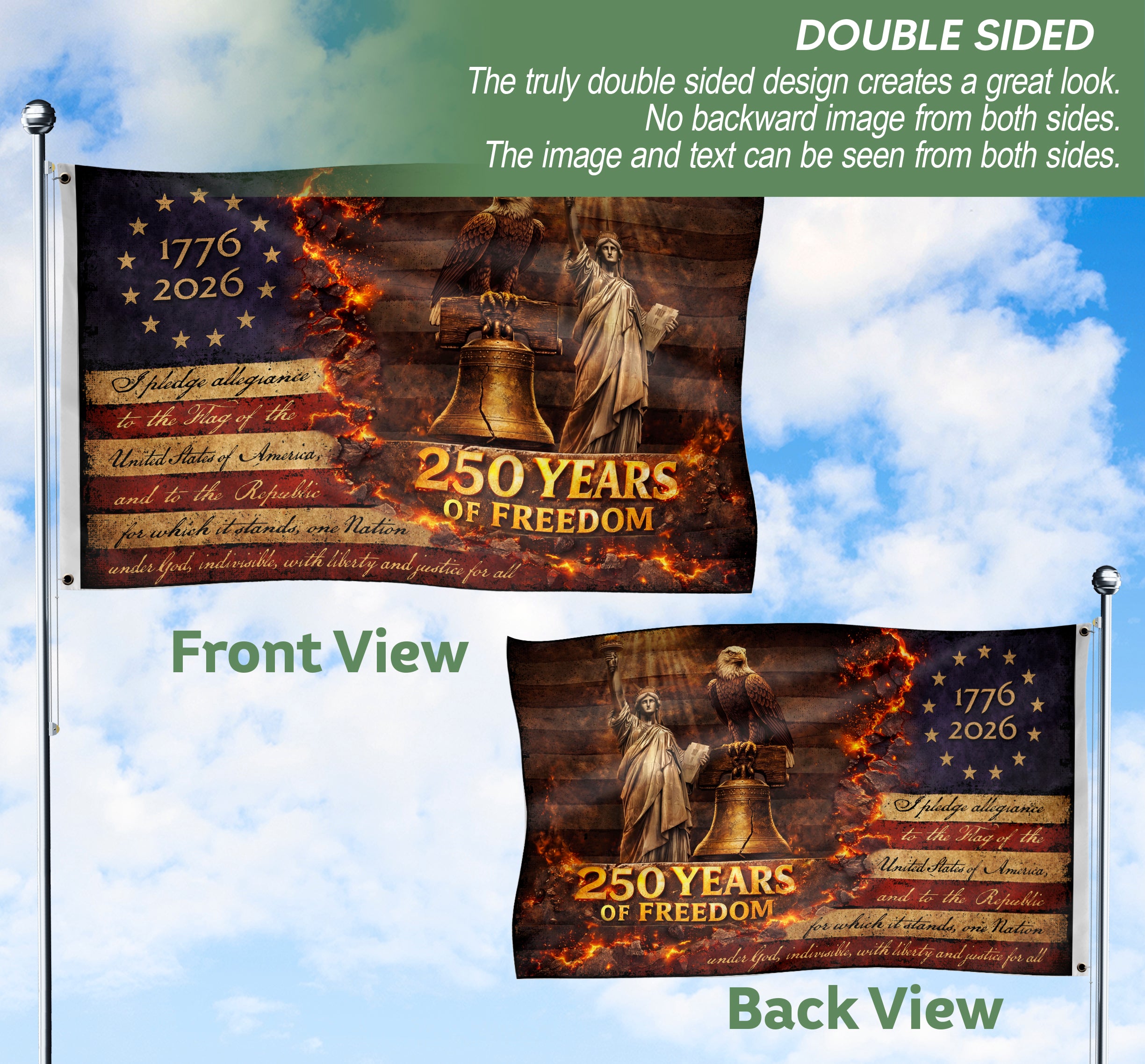 Patriotic House Flag 250 Years of Freedom Eagle Liberty Bell Statue Outdoor Decor