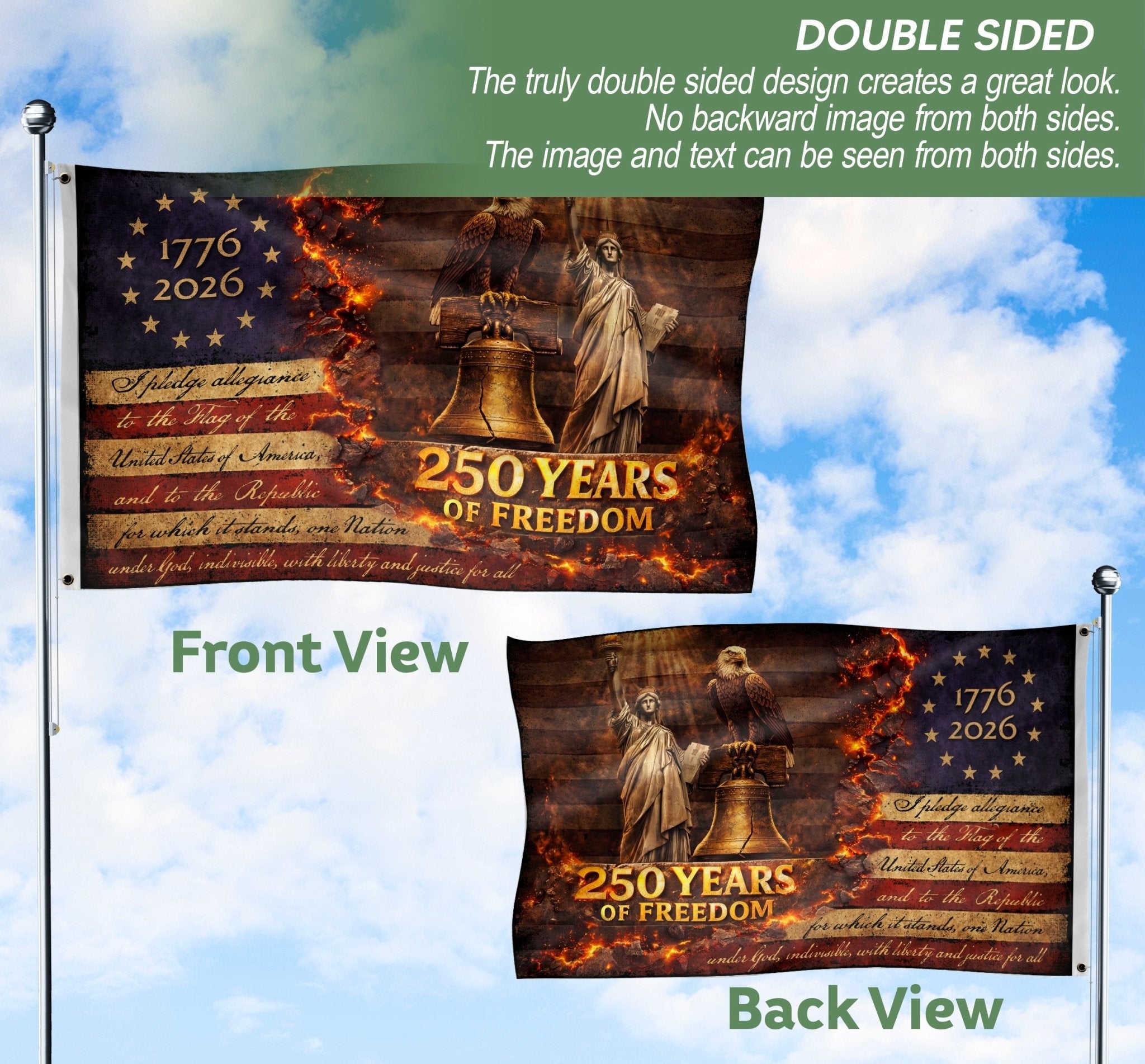 Patriotic House Flag 250 Years of Freedom Eagle Liberty Bell Statue Outdoor Decor - Rust Field Wear