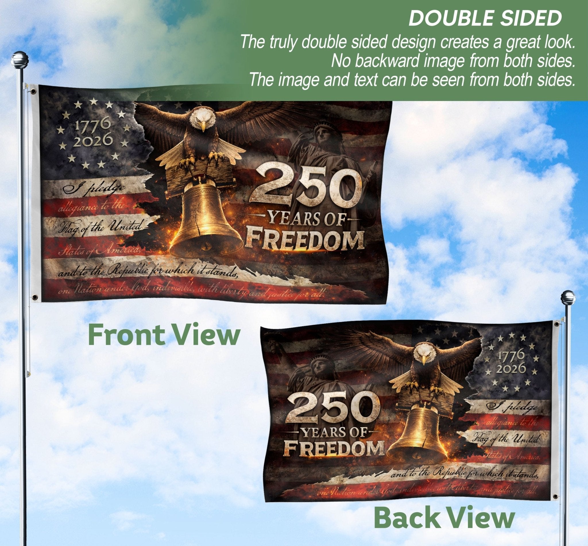 Patriotic Freedom House Flag 250 Years Eagle Liberty Bell Vintage American Outdoor - Rust Field Wear