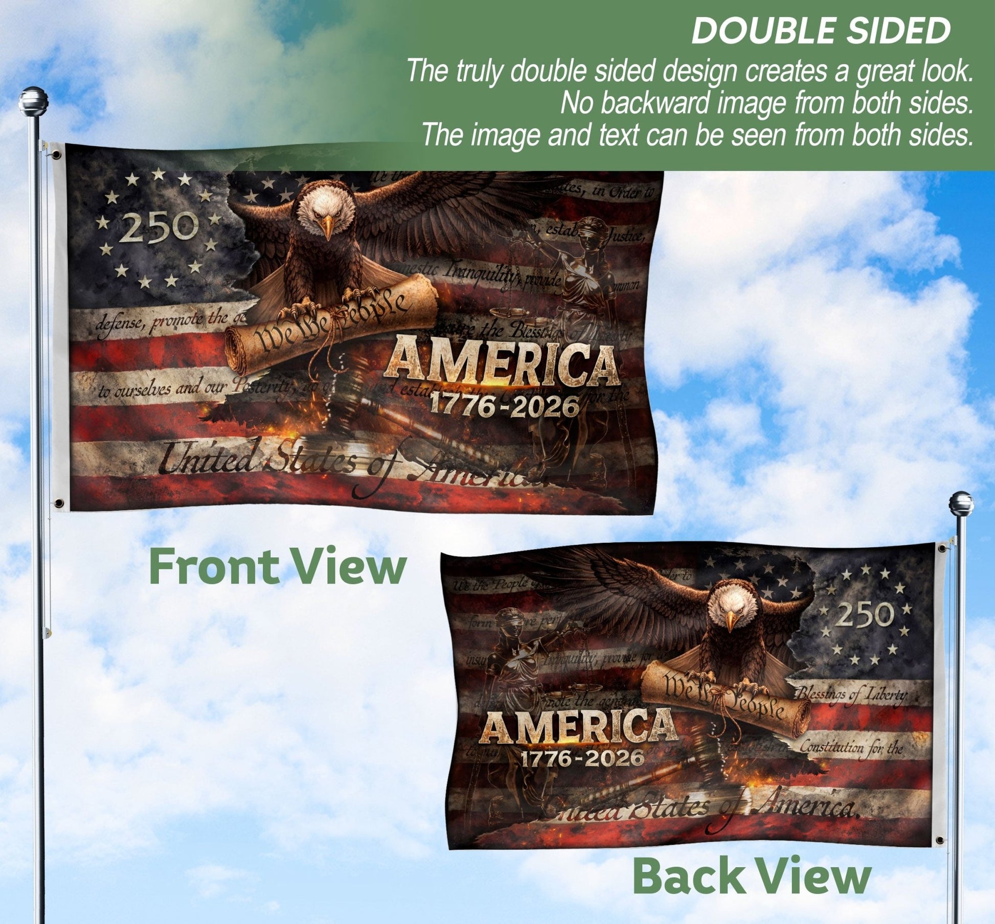 America 250 Years House Flag Patriotic Eagle We The People 1776 2026 Outdoor Decor - Rust Field Wear