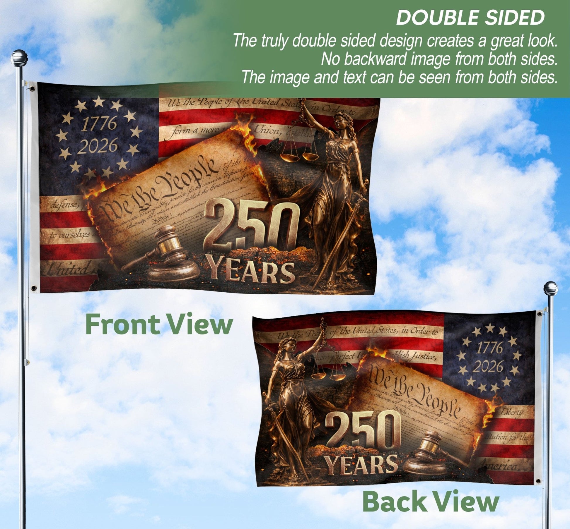 Lady Justice House Flag 1776-2026 We The People 250 Years of Freedom Patriotic Decor - Rust Field Wear