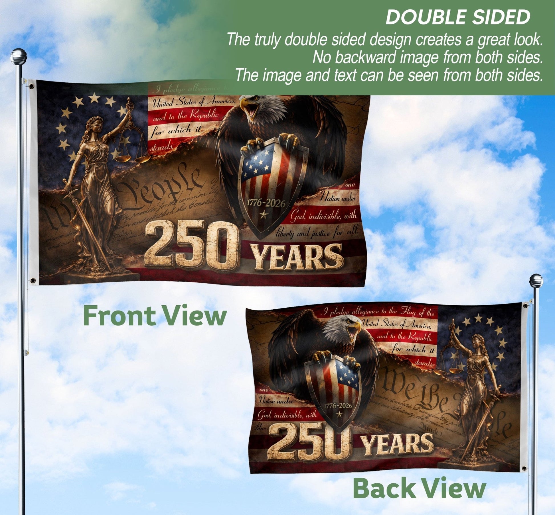 US 250 Years Flag 3x5 ft Lady Justice Eagle Shield 1776-2026 Patriotic American Banner - Rust Field Wear