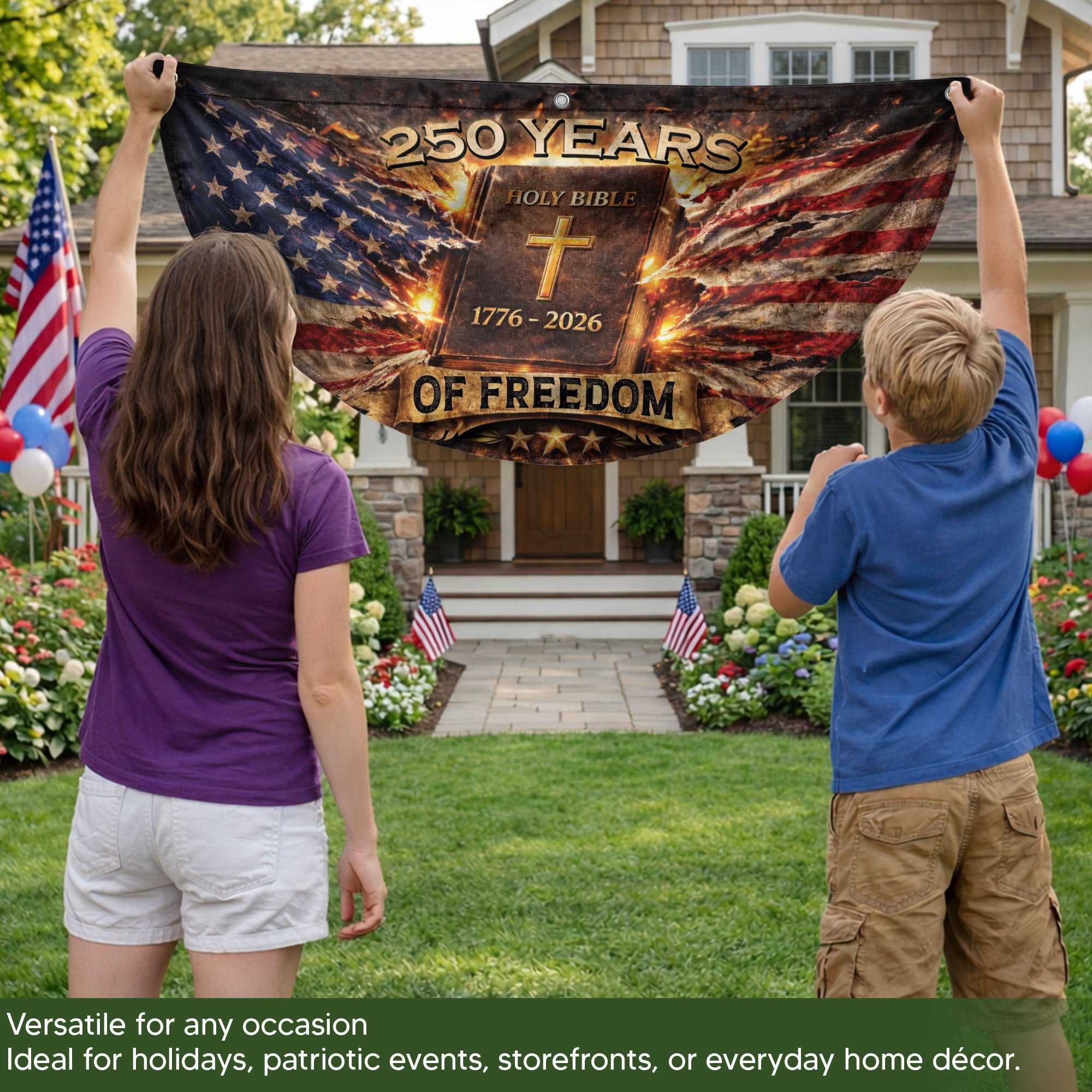 Fence Flag USA 250th Anniversary 1776–2026 Christian Cross Bible Patriotic Banner 250 Year American Freedom Flag