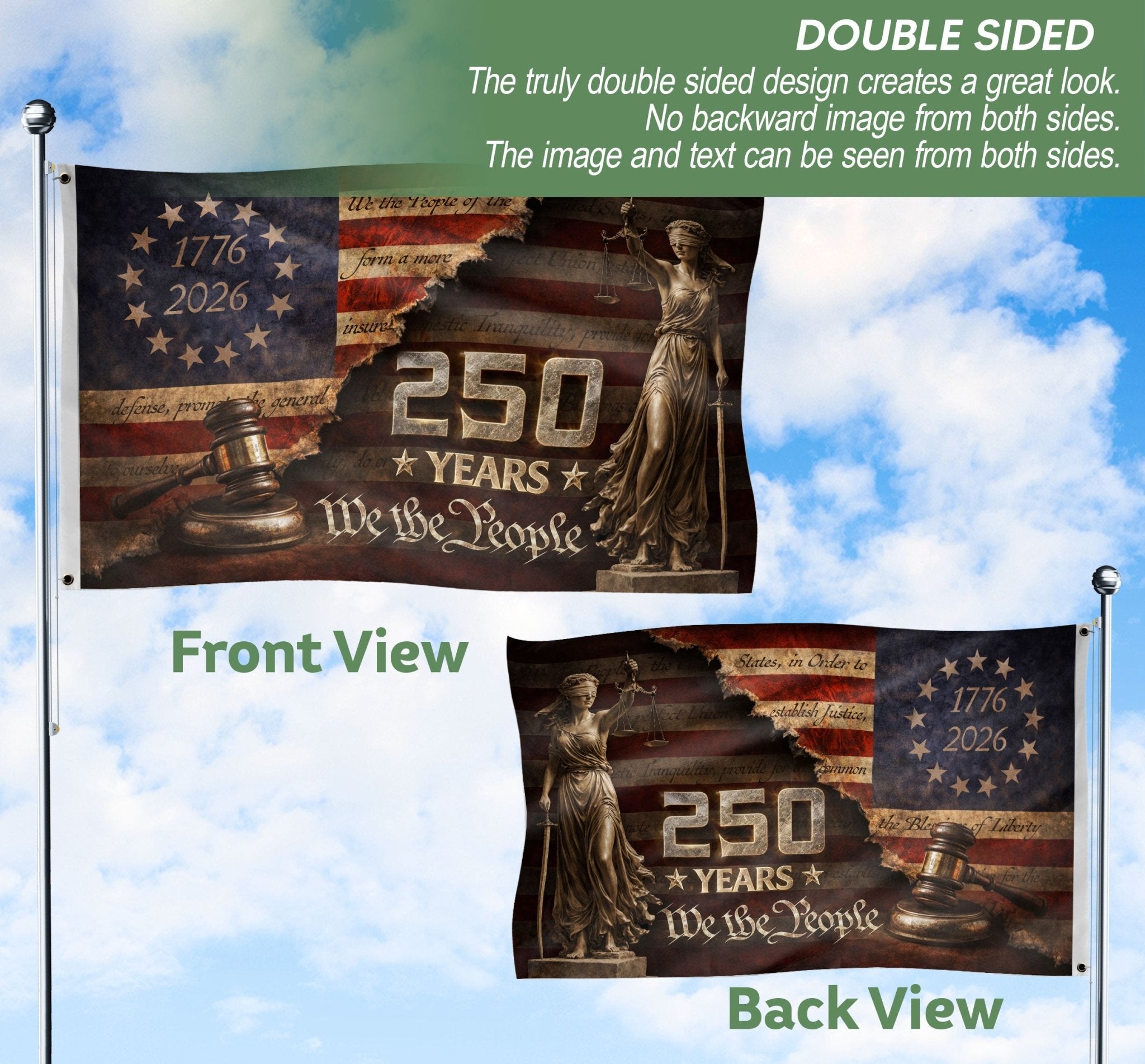 US 250 Years Flag 3x5 ft Lady Justice Gavel We The People 1776-2026 Patriotic Banner - Rust Field Wear