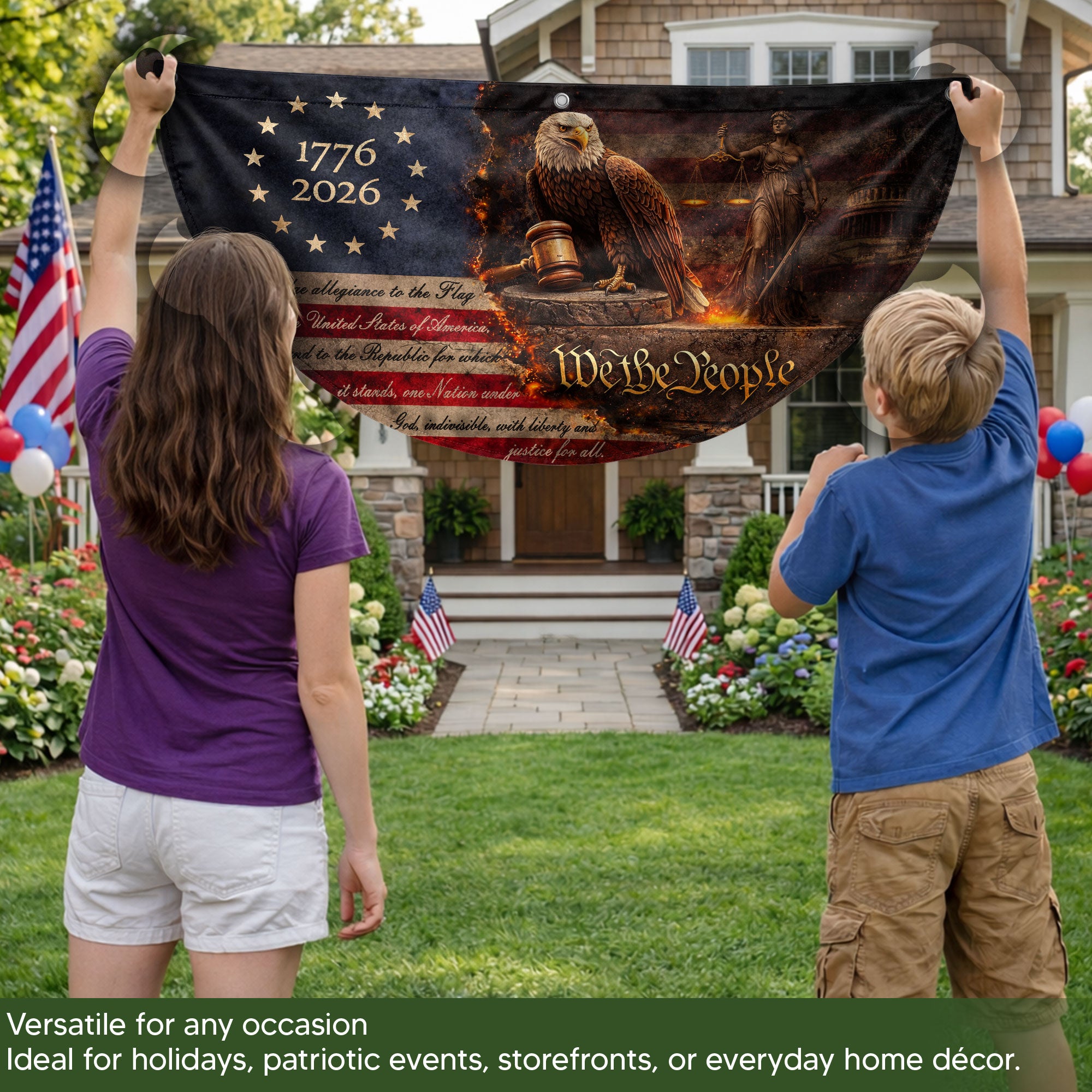 Pledge of Allegiance Fence Flag 1776-2026 Patriotic Eagle - We The People Outdoor Decor