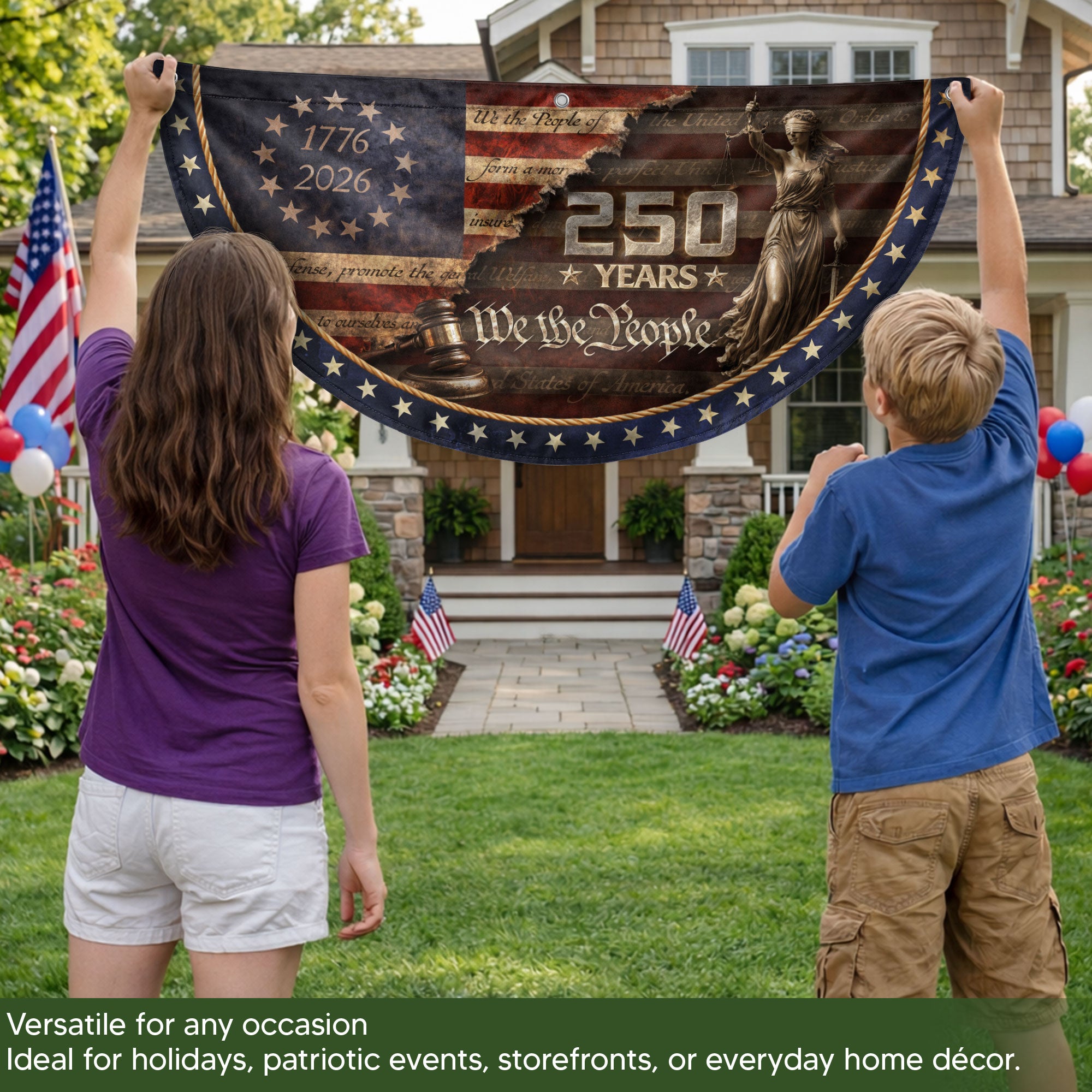 We The People Fence Flag Lady Justice & Gavel 250 Years Patriotic - 1776-2026 Decor