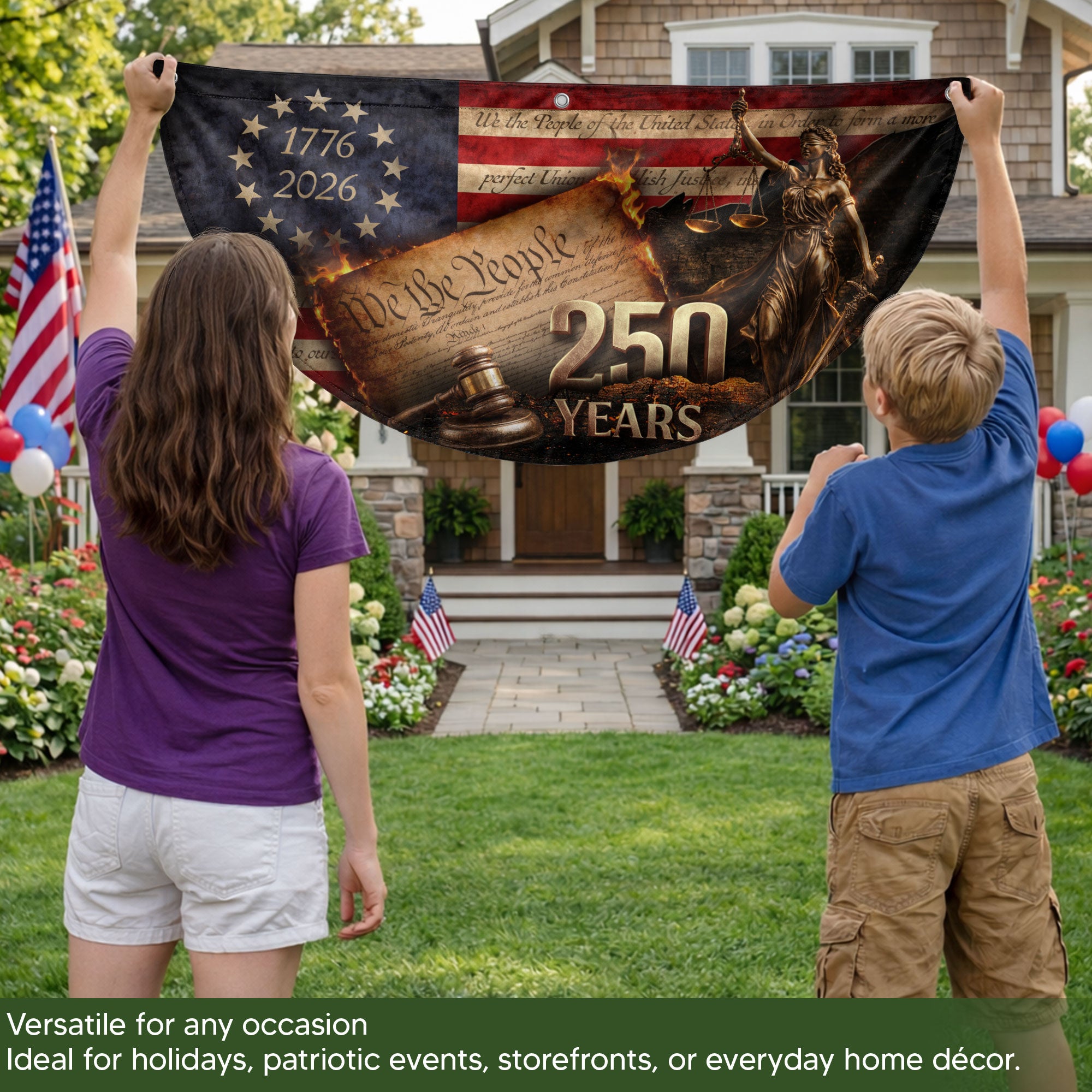 250 Years Lady Justice Fence Flag Patriotic 1776-2026 - We The People Outdoor Banner