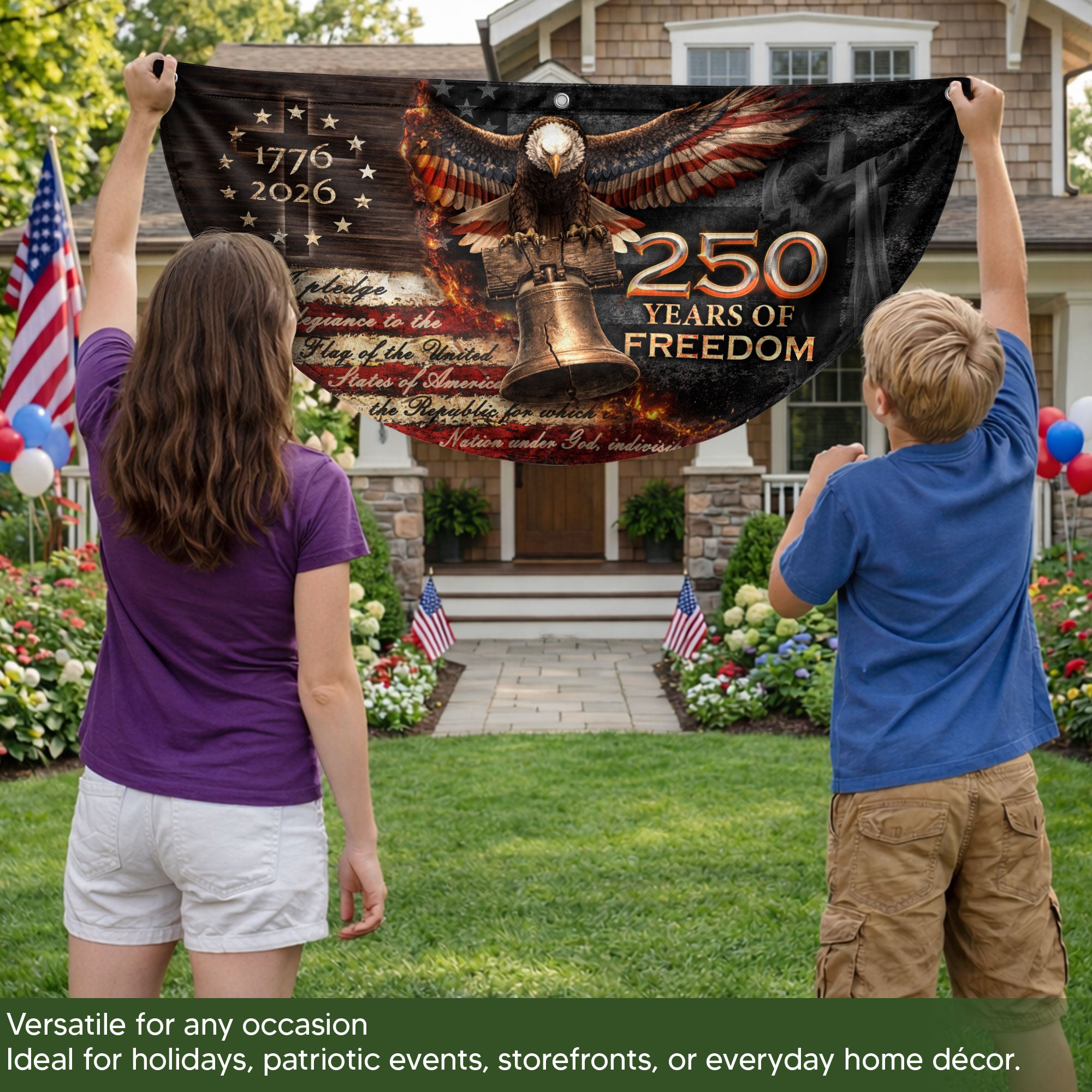 250 Years of Freedom Fence Flag 1776-2026 – Christian Patriotic Cross & Liberty Bell USA Double Sided Banner