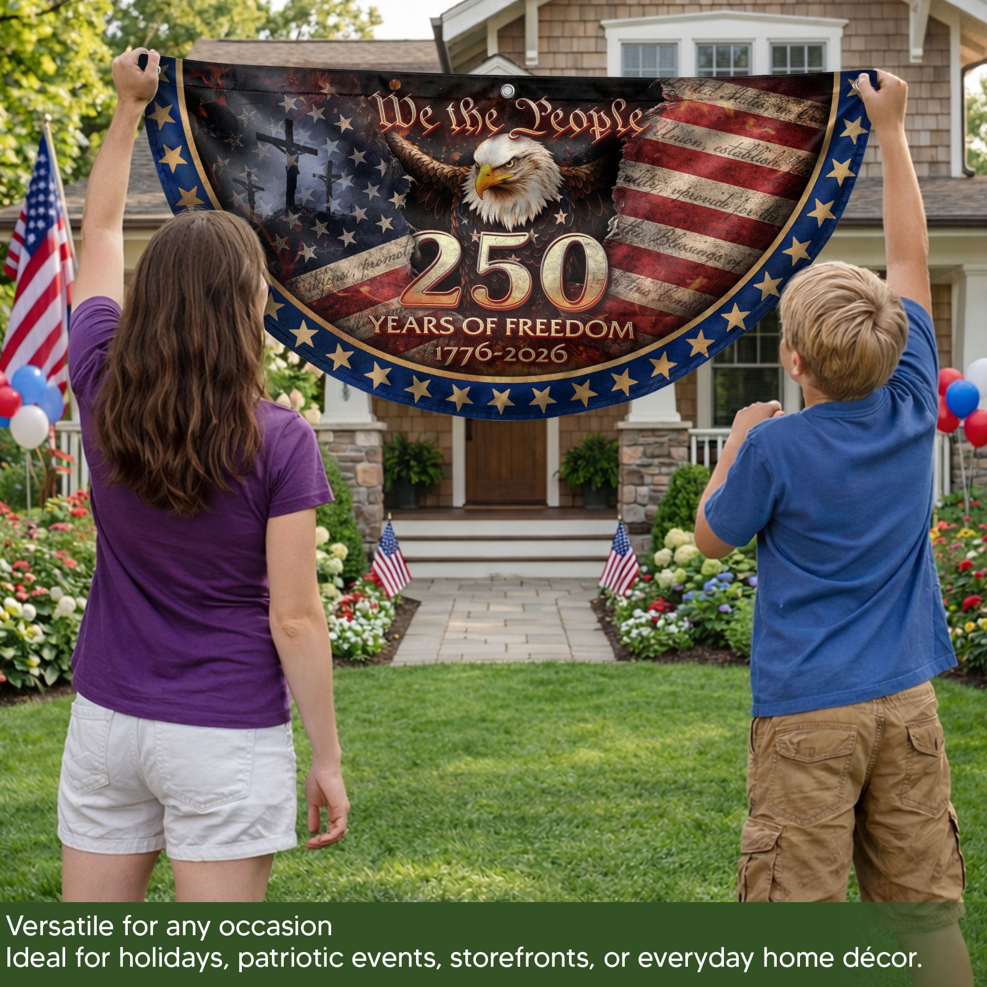USA 250th Anniversary Fence Flag 1776-2026 – American Flag with Cross We The People Christian Patriotic Banner
