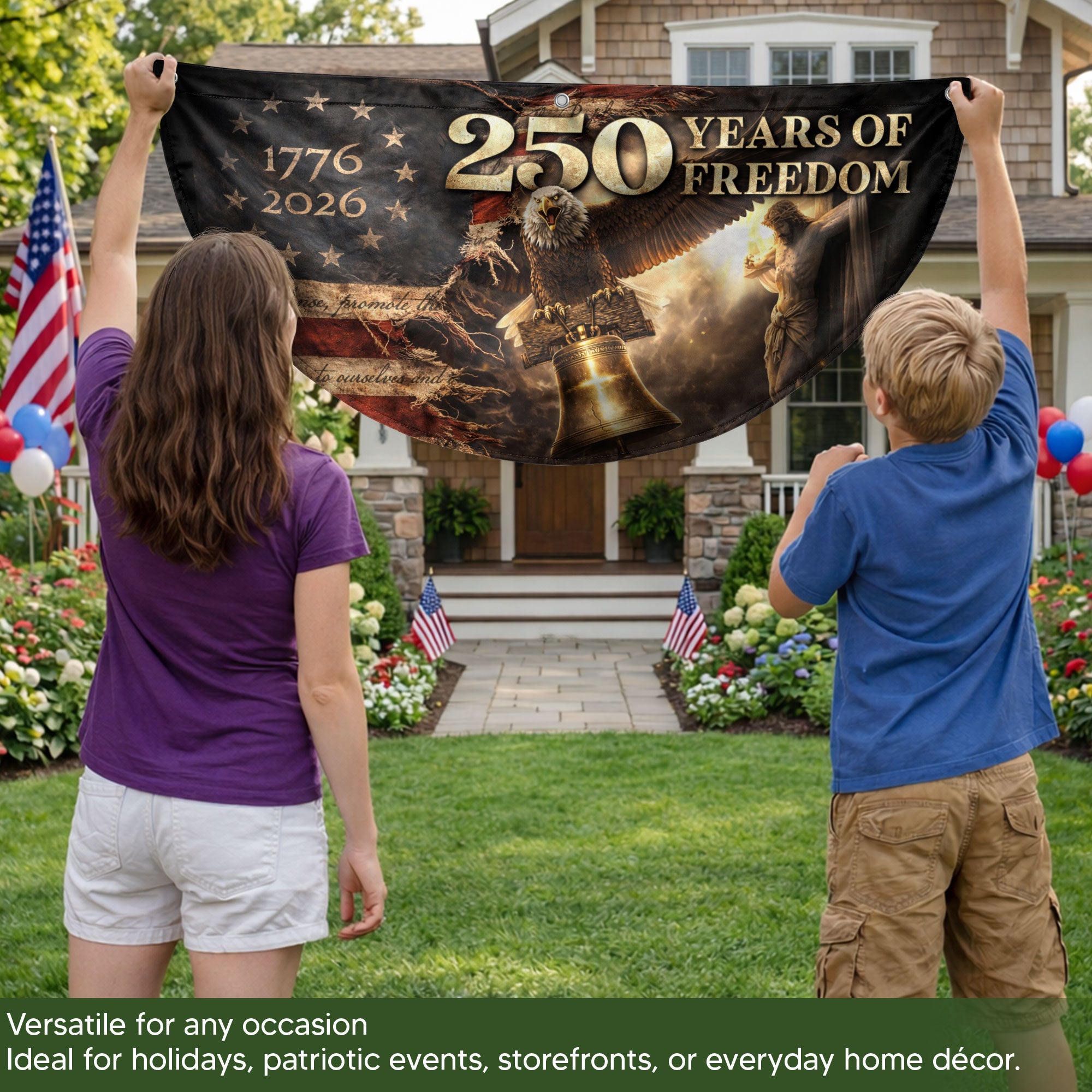 250 Years USA Anniversary Fence Flag 1776-2026 – Jesus & Eagle Christian Patriotic Double Sided Banner