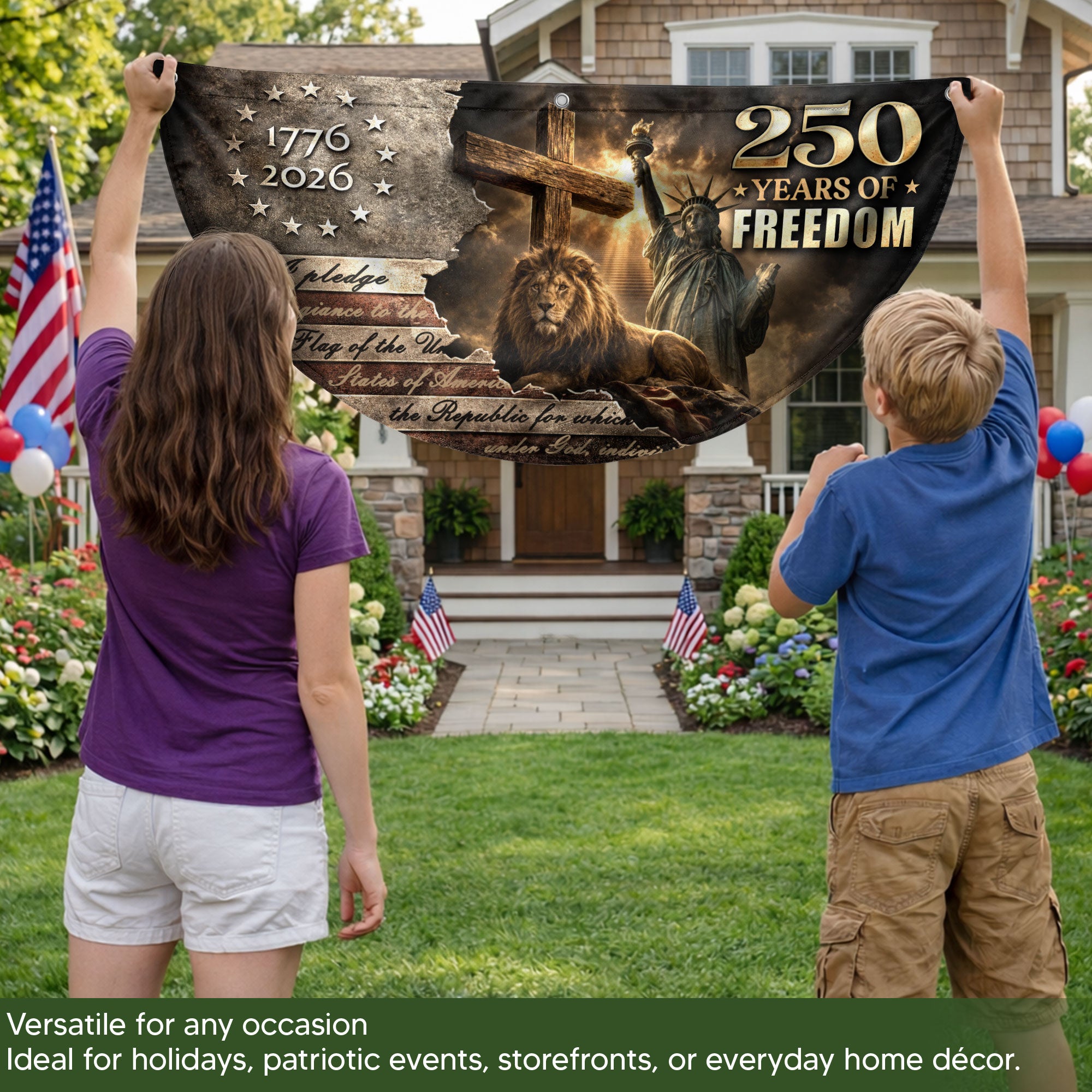 God Bless America 250 Years Fence Flag 1776-2026 – Lion & Cross Christian Patriotic USA Double Sided Banner