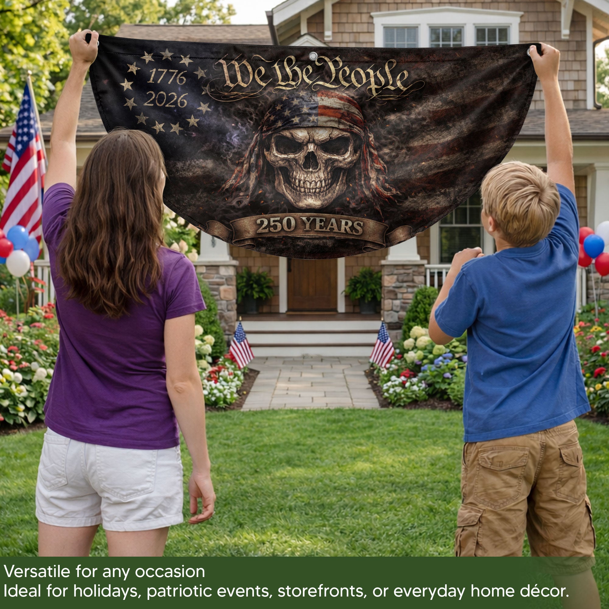 We The People Skull Fence Flag 250 Years 1776-2026 Patriotic Double Sided Banner
