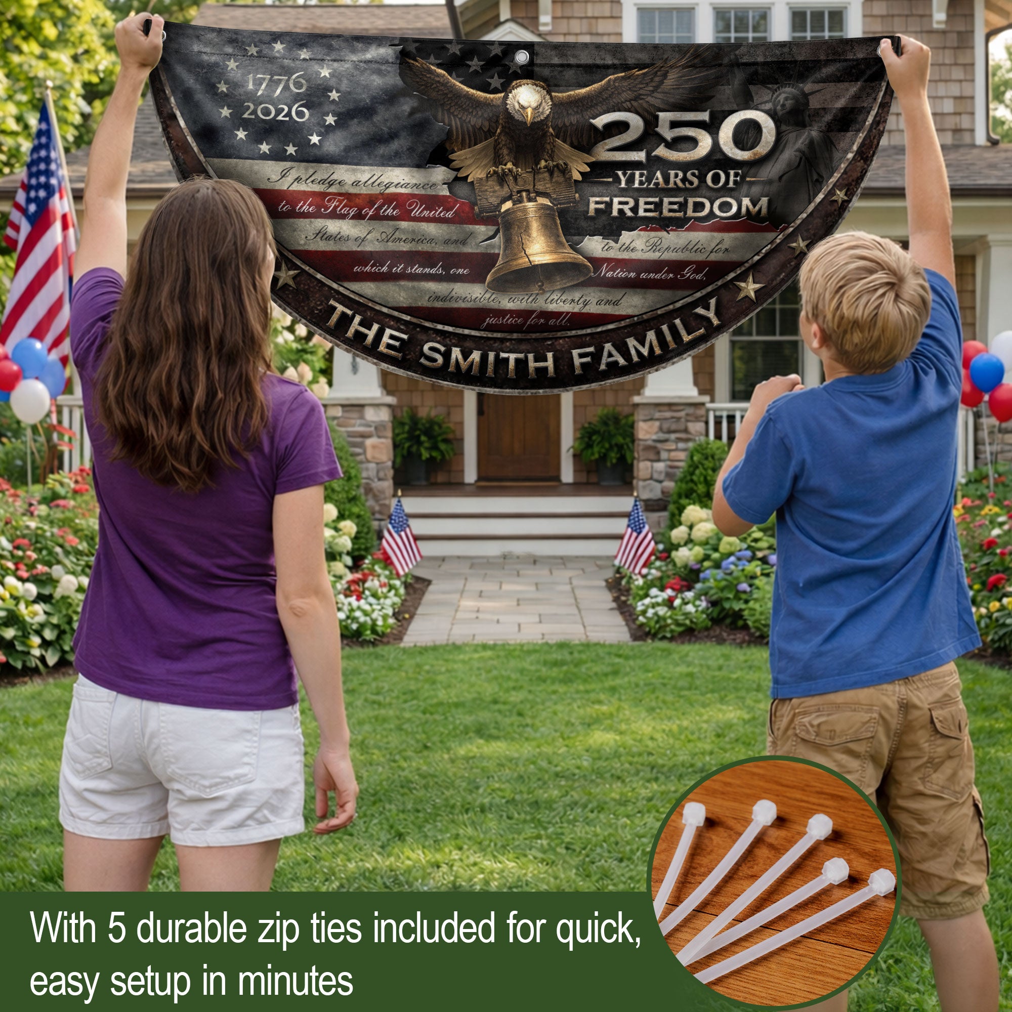 250 Years of Freedom Flag Fence Flag Custom Family Name, American Flag with Eagle, We The People Banner Decor