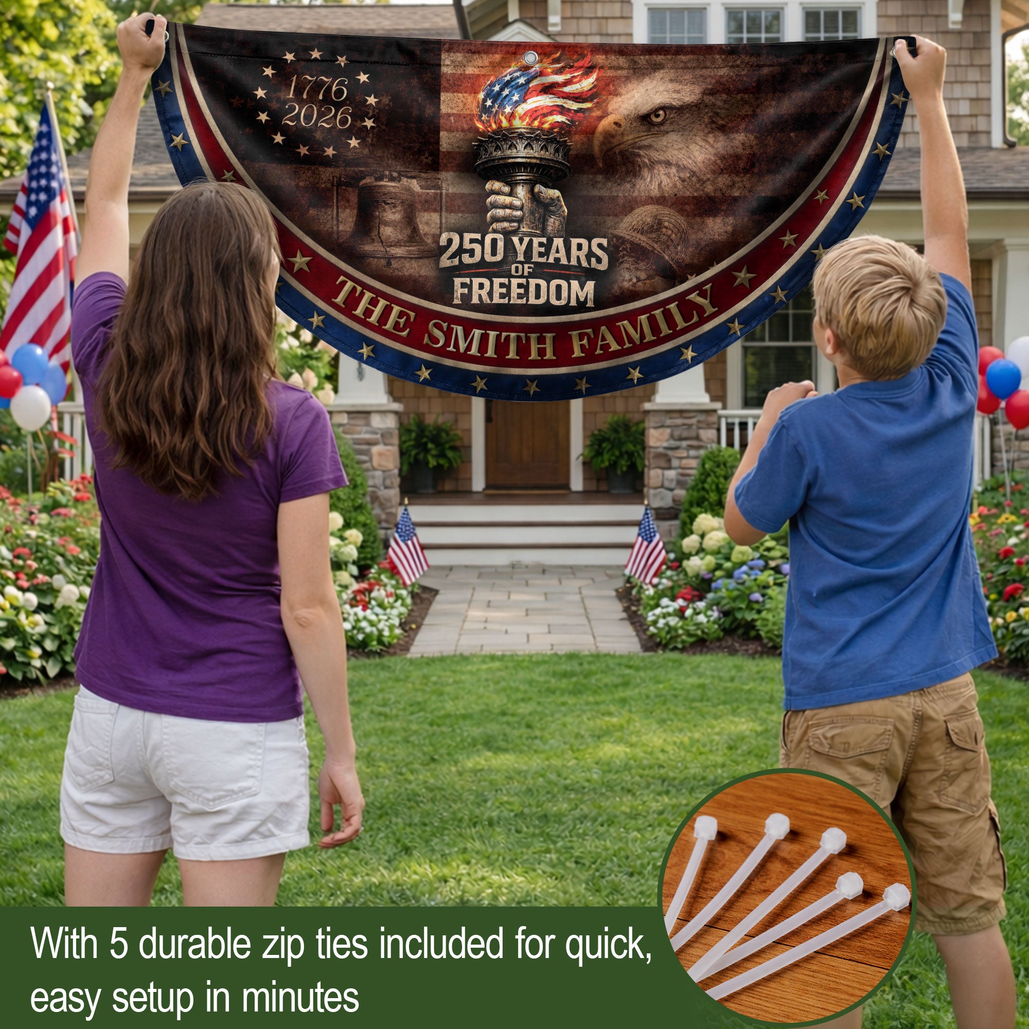 250 Anniversary USA Flag Fence Flag Custom Family Name, American Flag 250 Year Anniversary Banner with Eagle Design