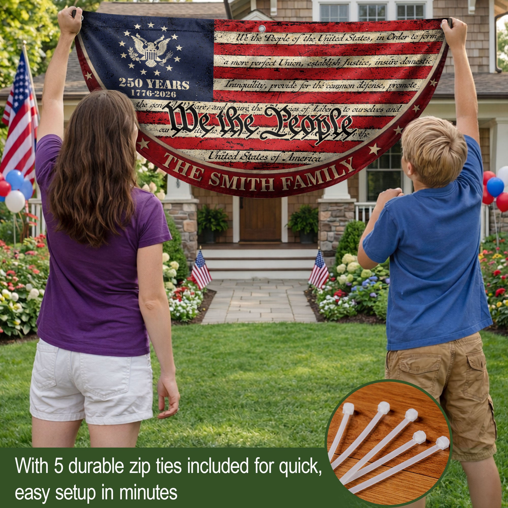 250 Years of Freedom Flag Fence Flag Custom Family Name, We The People Flag, American Flag with Eagle Patriotic Banner