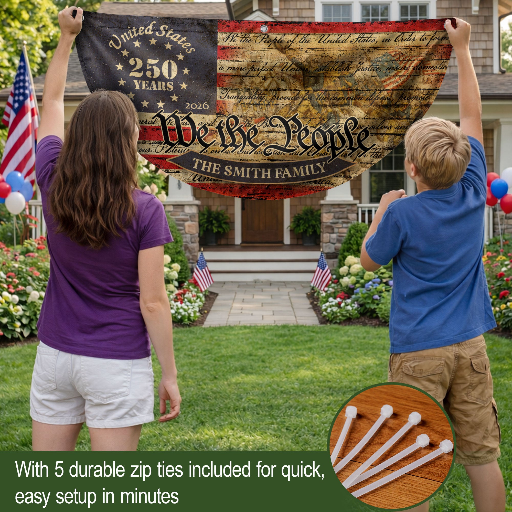 American Flag 250 Year Anniversary Fence Flag Custom Family Name, 250 Anniversary USA Banner, We The People Flag Design