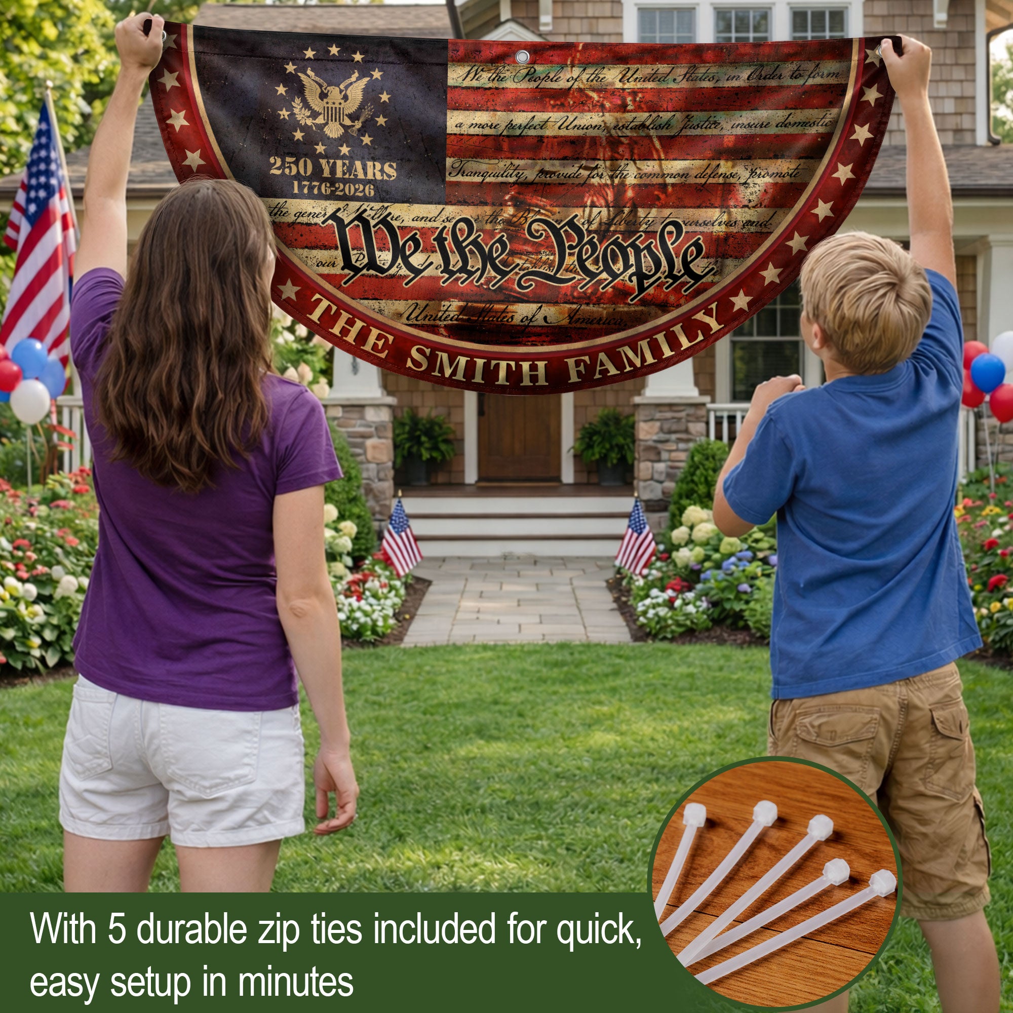 250 Anniversary USA Flag Fence Flag Custom Family Name, American Flag 250 Year Anniversary, We The People Fence Banner