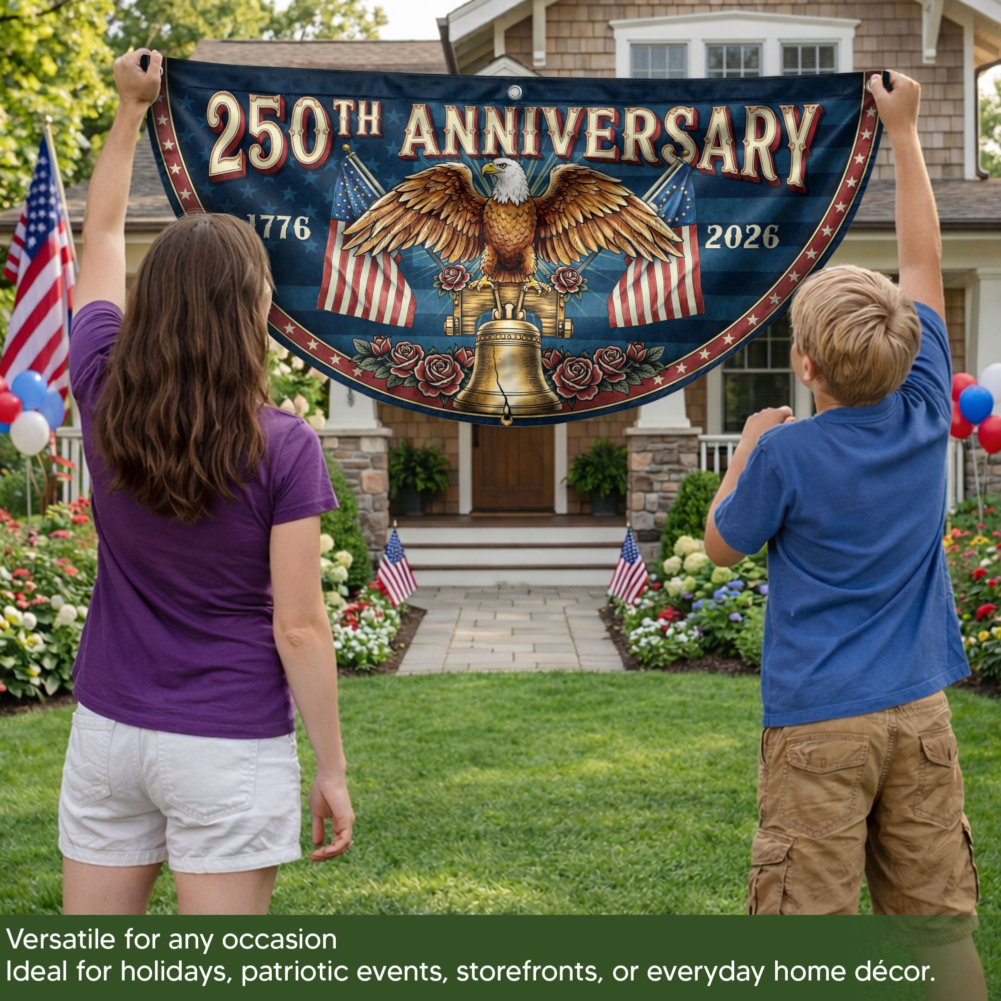 250th Anniversary USA Fence Flag - Patriotic Eagle & Liberty Bell Decoration for 2026