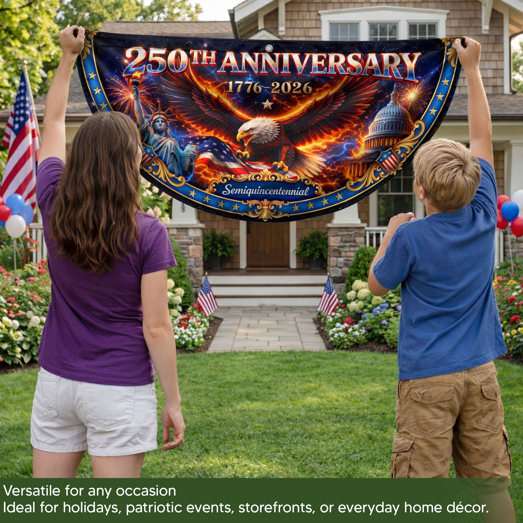 250 Years of Freedom Fence Flag 1776-2026 Patriotic Eagle Statue of Liberty Banner