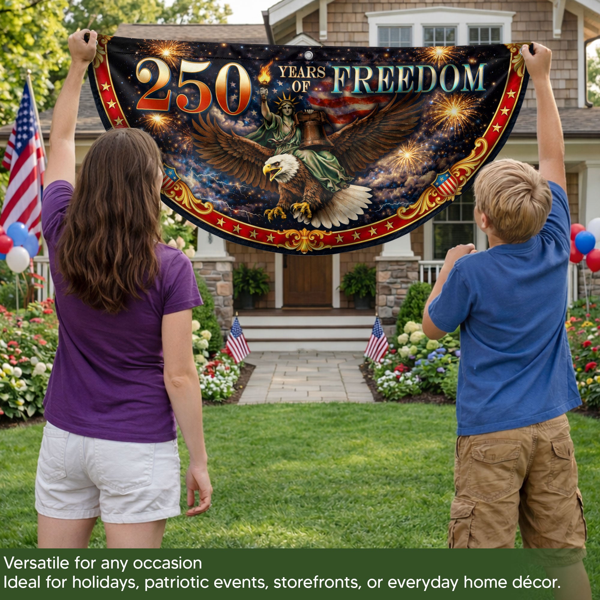 Fence Flag 250 Years of Freedom 1776-2026 Patriotic Eagle Liberty Bell Fireworks Banner
