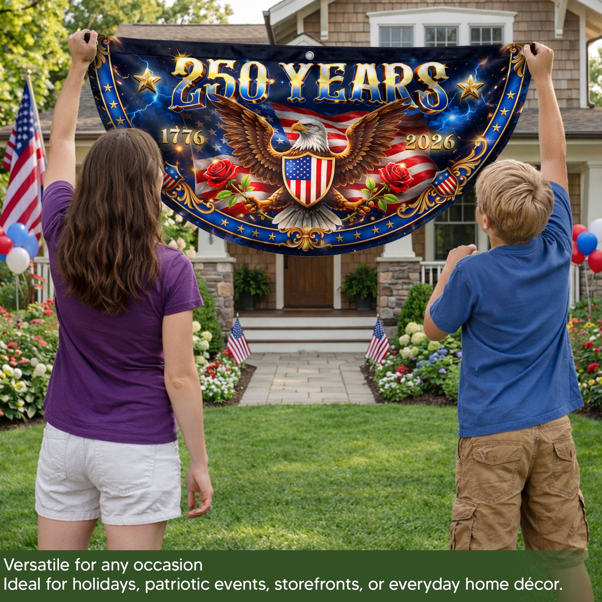 250 Years USA Fence Flag 1776-2026 Patriotic Eagle Shield Banner