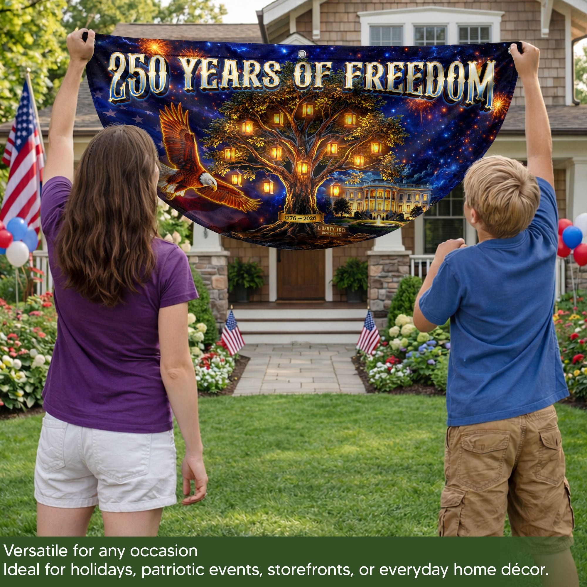 USA 250 Years Fence Banner 1776-2026 Patriotic Liberty Tree Eagle Banner