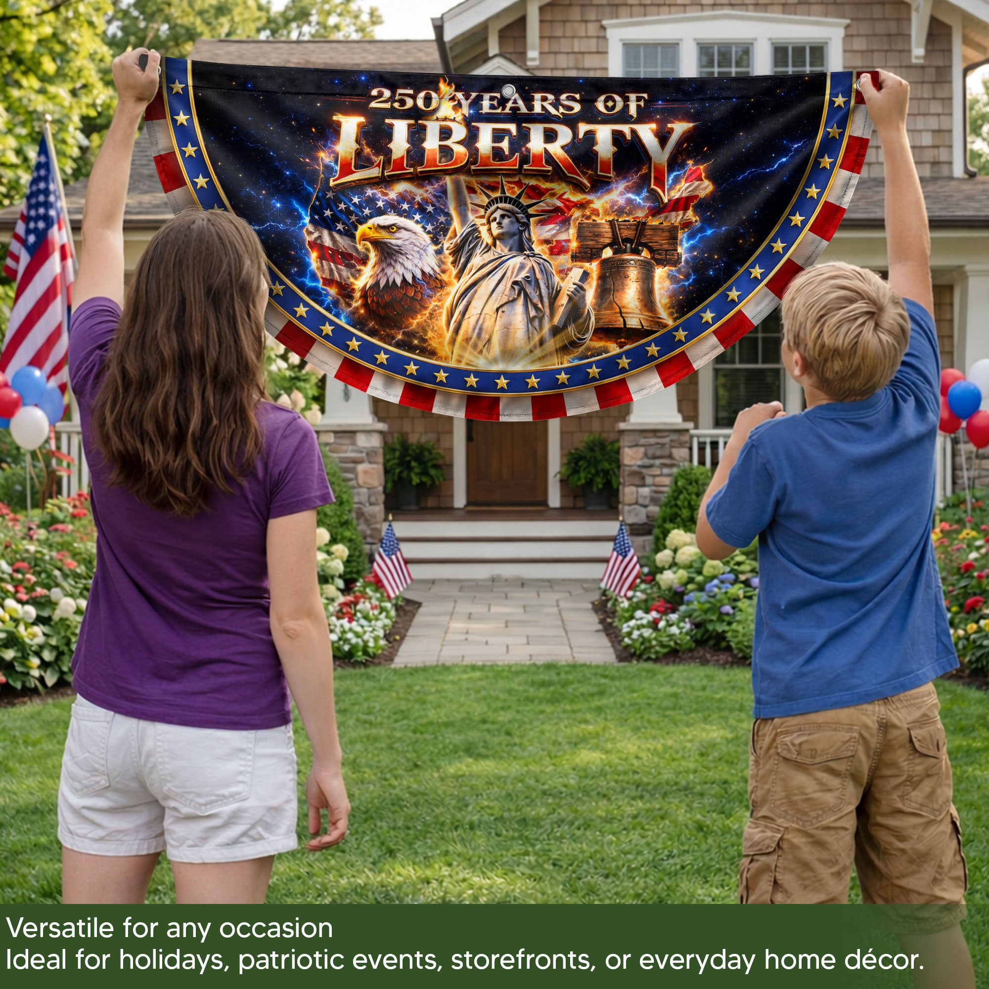 250 Years of Liberty Fence Flag Statue of Liberty Eagle Liberty Bell Banner