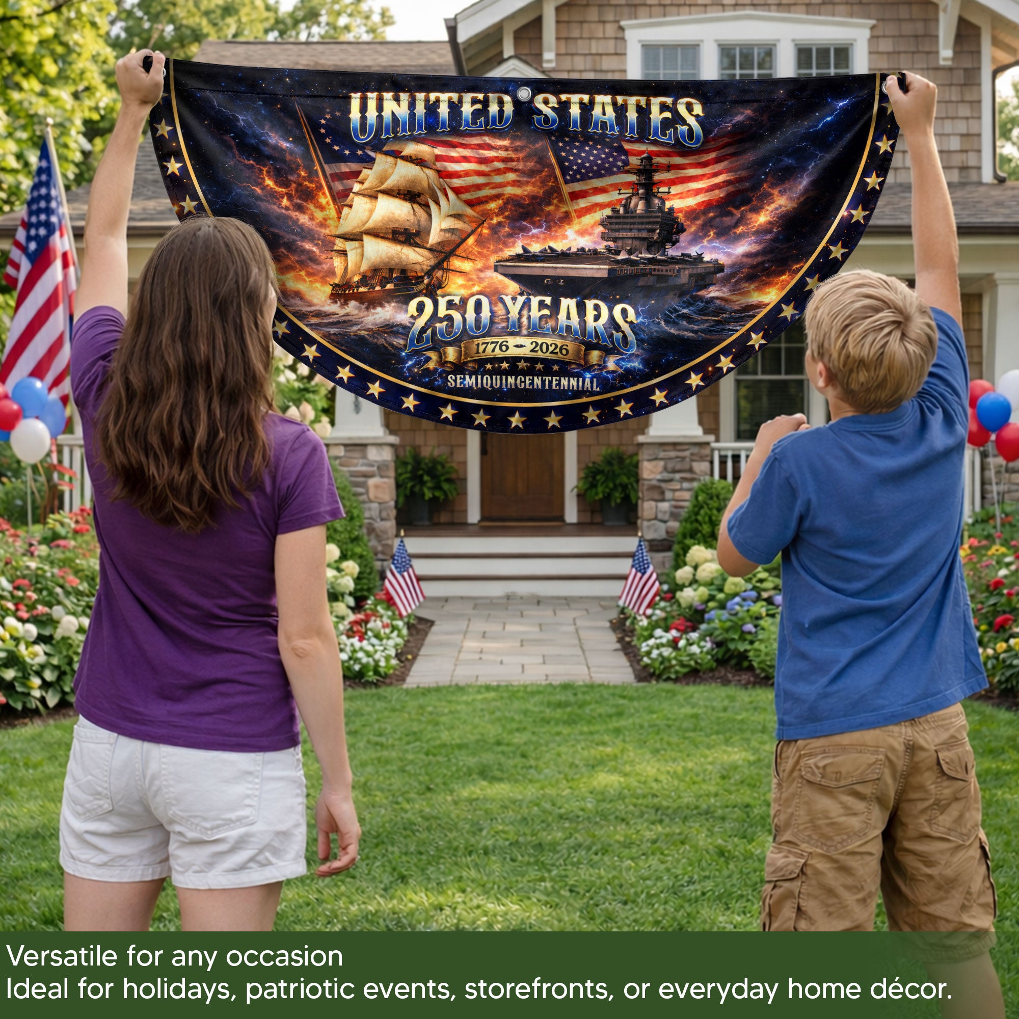 250 Years United States Fence Flag 1776-2026 Patriotic Navy Ship Outdoor Yard Banner