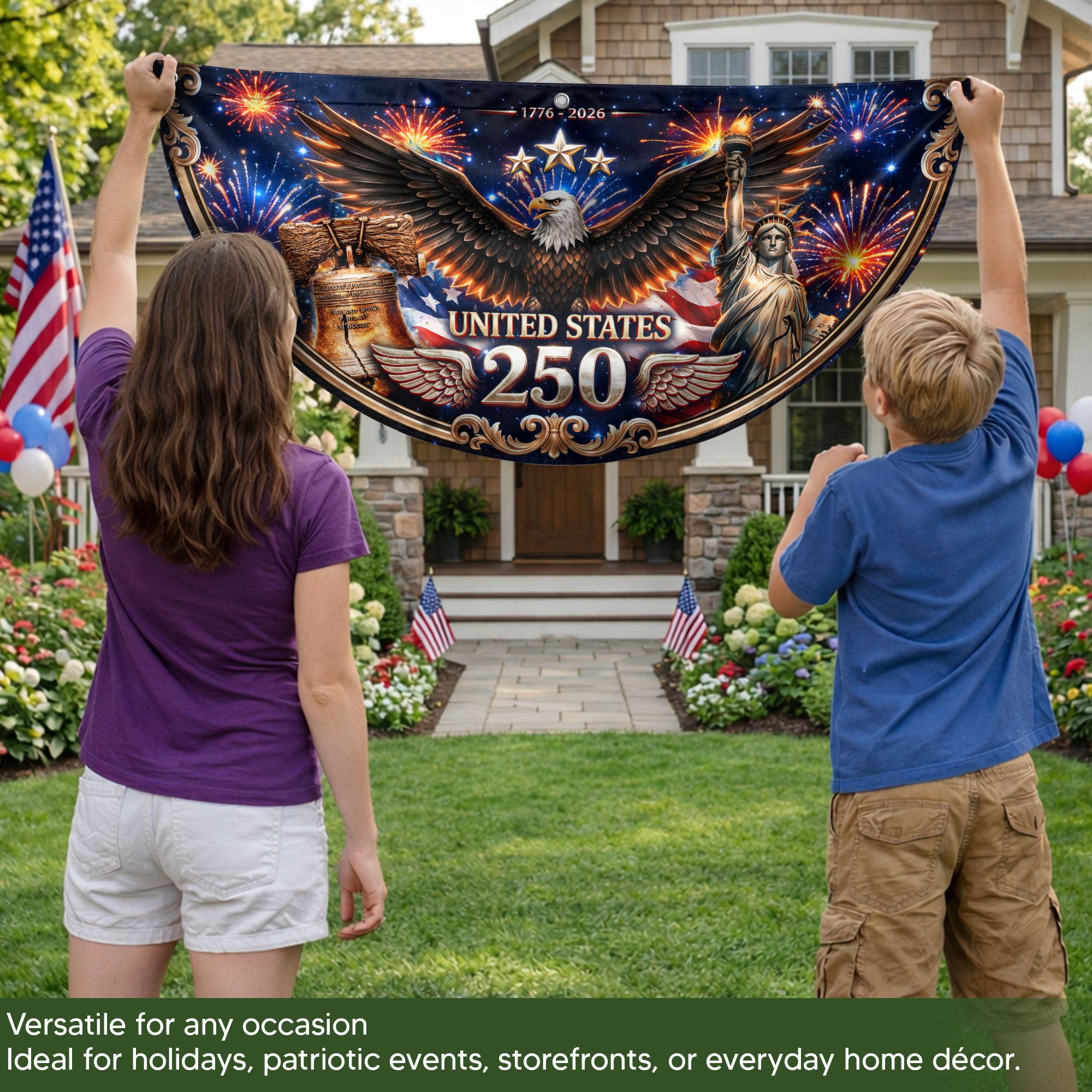 USA 250 Years Fence Flag 1776-2026 Liberty Bell Patriotic Eagle Yard Decoration