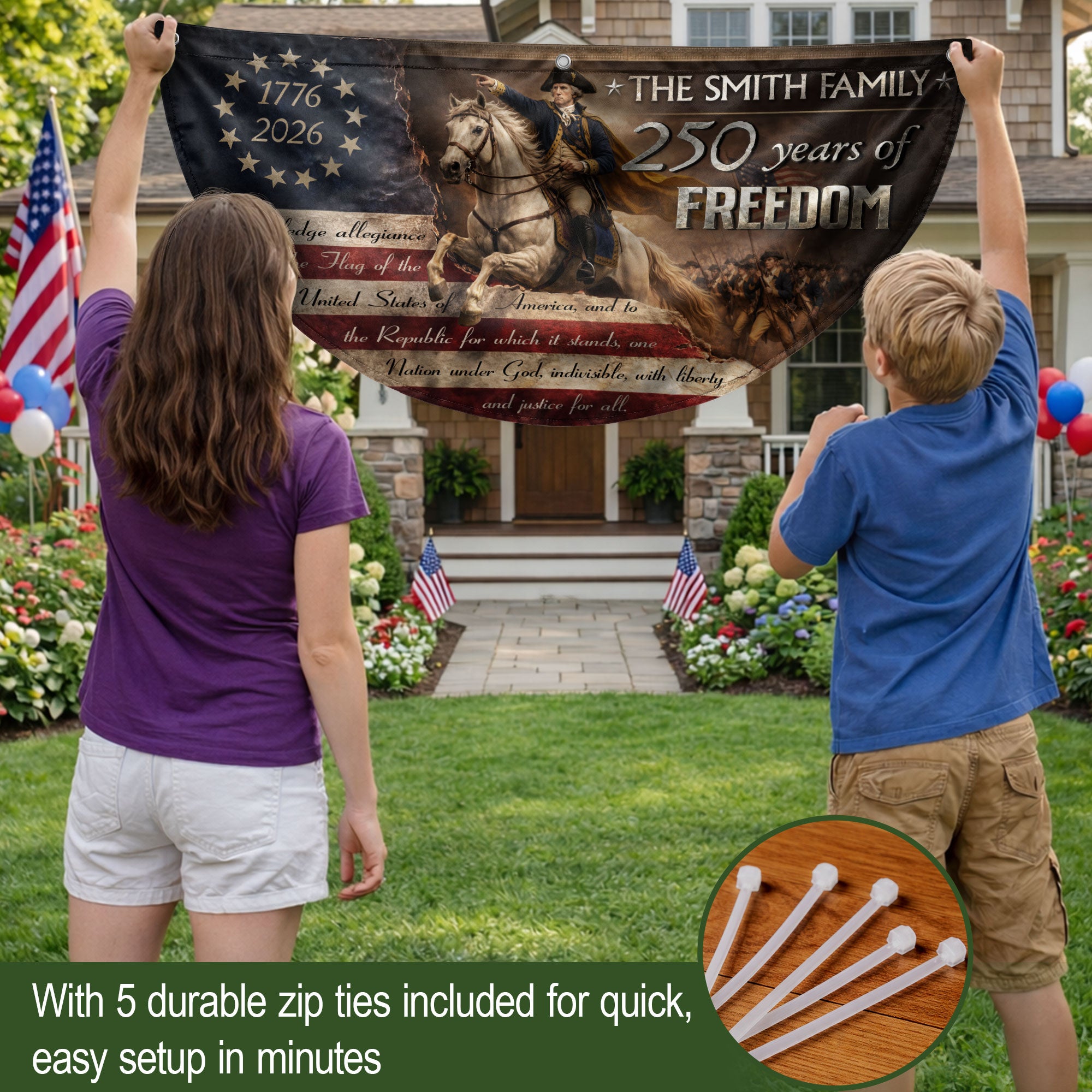 George Washington Fence Flag Custom Family Name 250 Years Freedom 1776-2026 Yard Decor