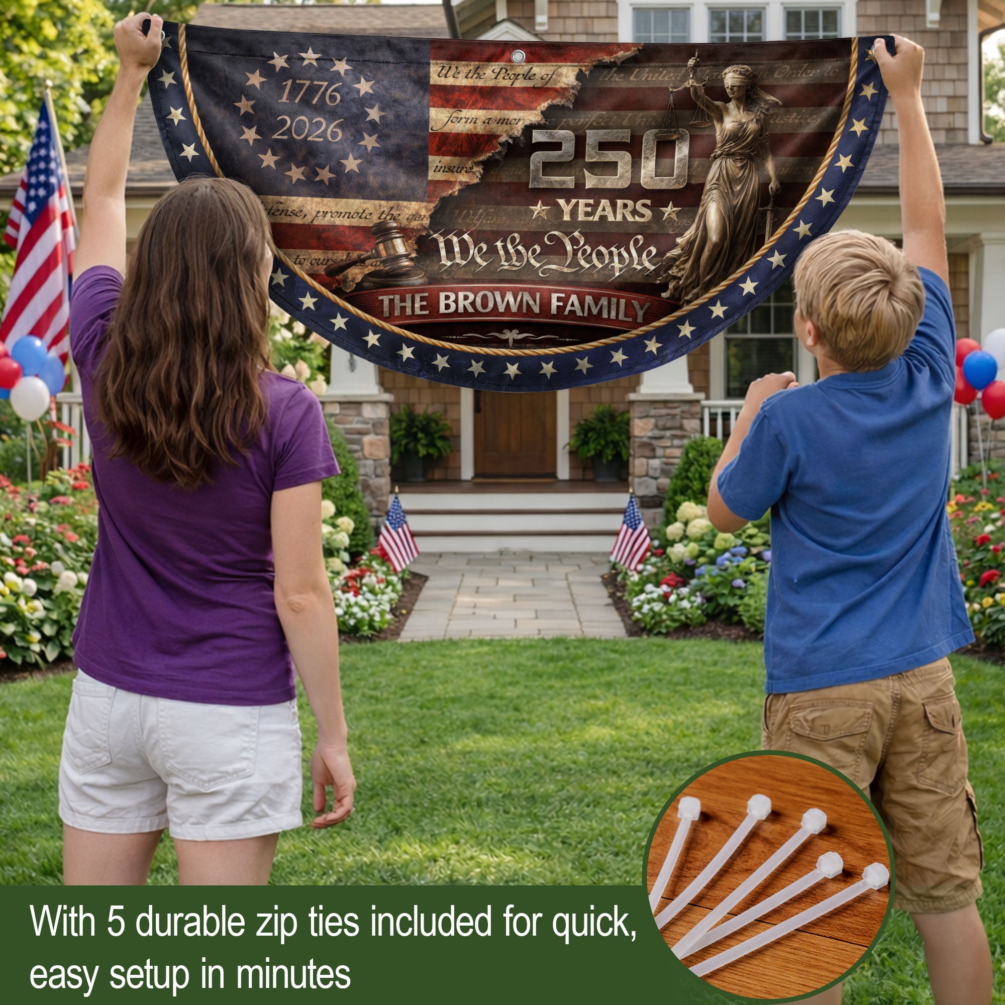 Lady Justice Fence Flag Custom Family Name 250 Years Freedom 1776-2026 Patriotic Decor