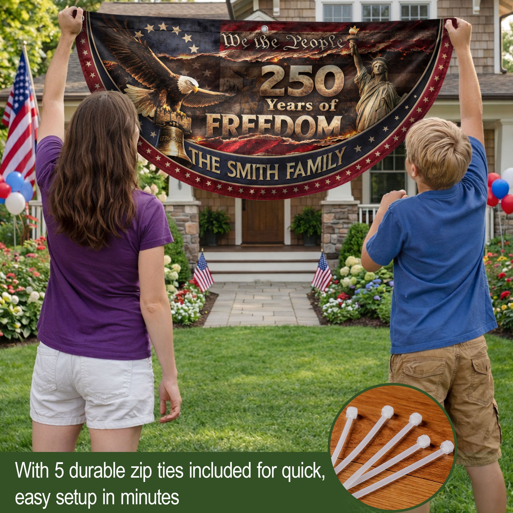 Liberty Bell & Statue of Liberty Fence Flag Custom Name 250 Years Freedom 1776-2026