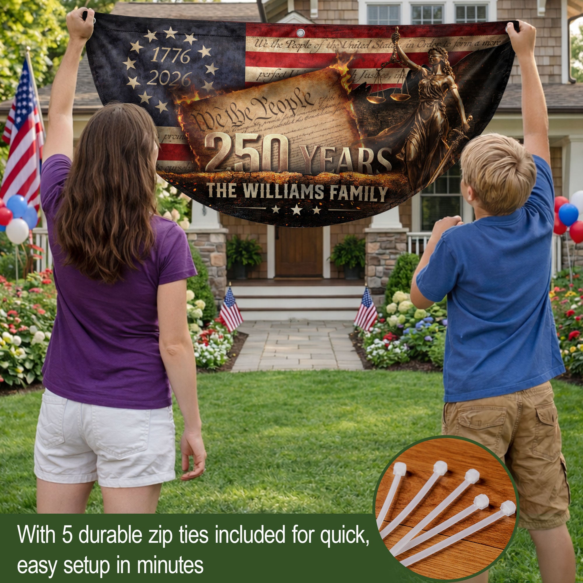 We The People Fence Flag Lady Justice Custom Family Name 250 Years Freedom 1776-2026