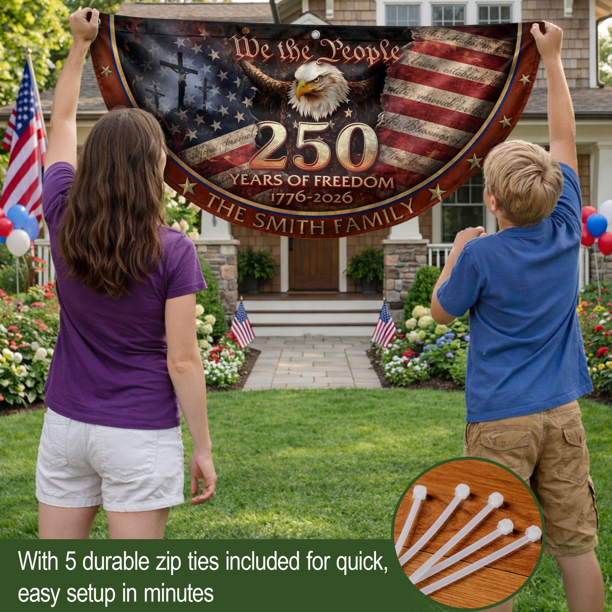 250 Christ Years of Freedom Flag Fence Flag Custom Family Name 250 Years Christian Flag American Flag with Cross Design