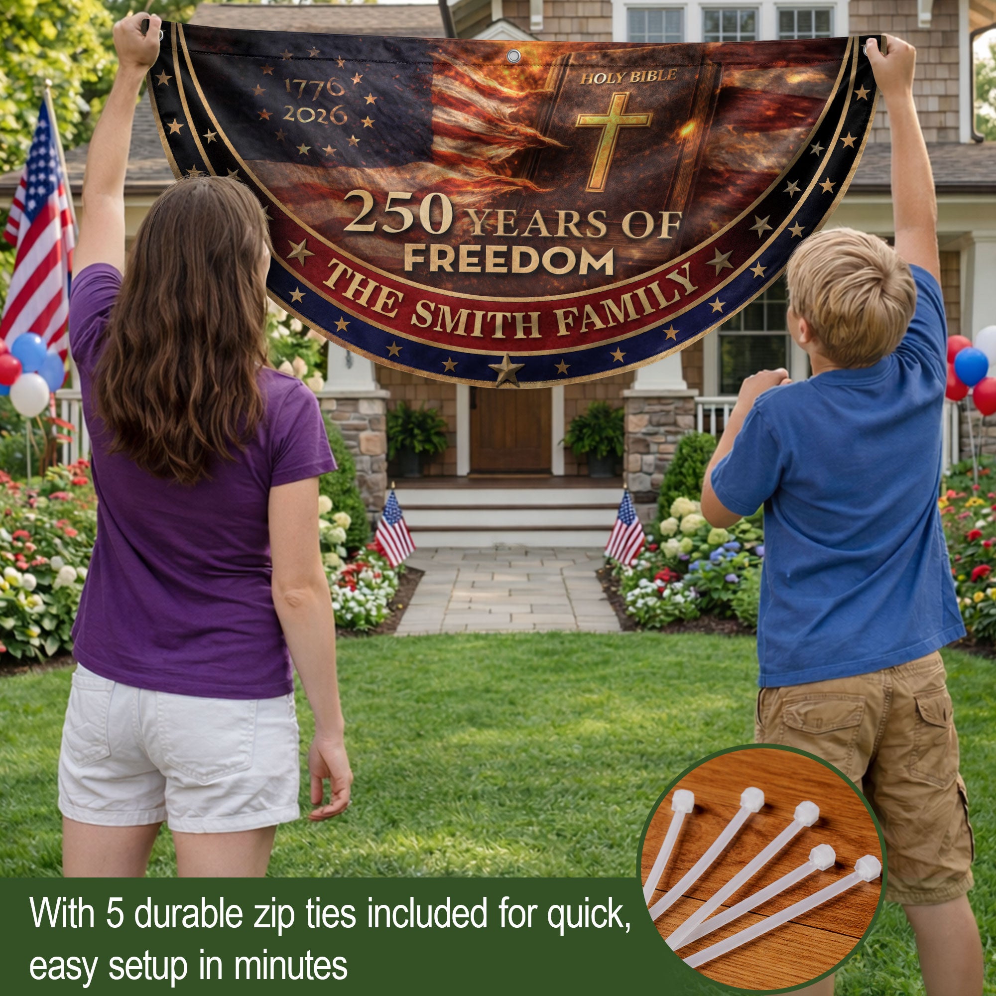 250 Christ Years Freedom Flag Fence Flag Custom Family Name 250 Years Christian Flag American Flag with Cross 250th Anniversary Design
