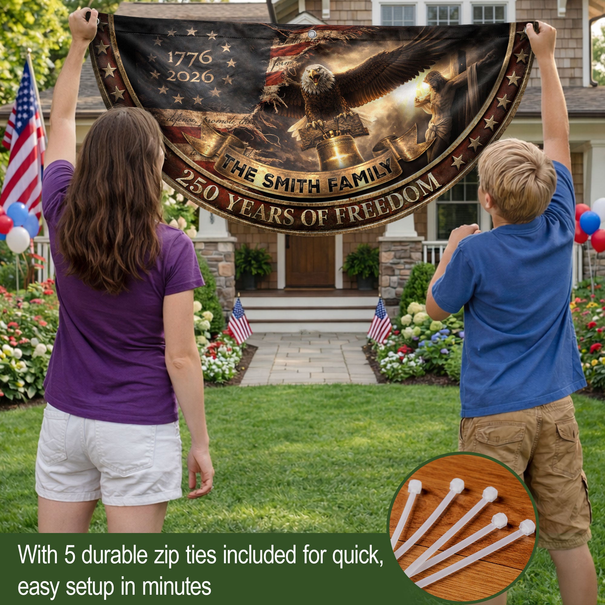 250 Years of Freedom Flag Fence Flag Custom Family Name American Flag with Cross Christian 250th Anniversary Patriotic Banner Gift