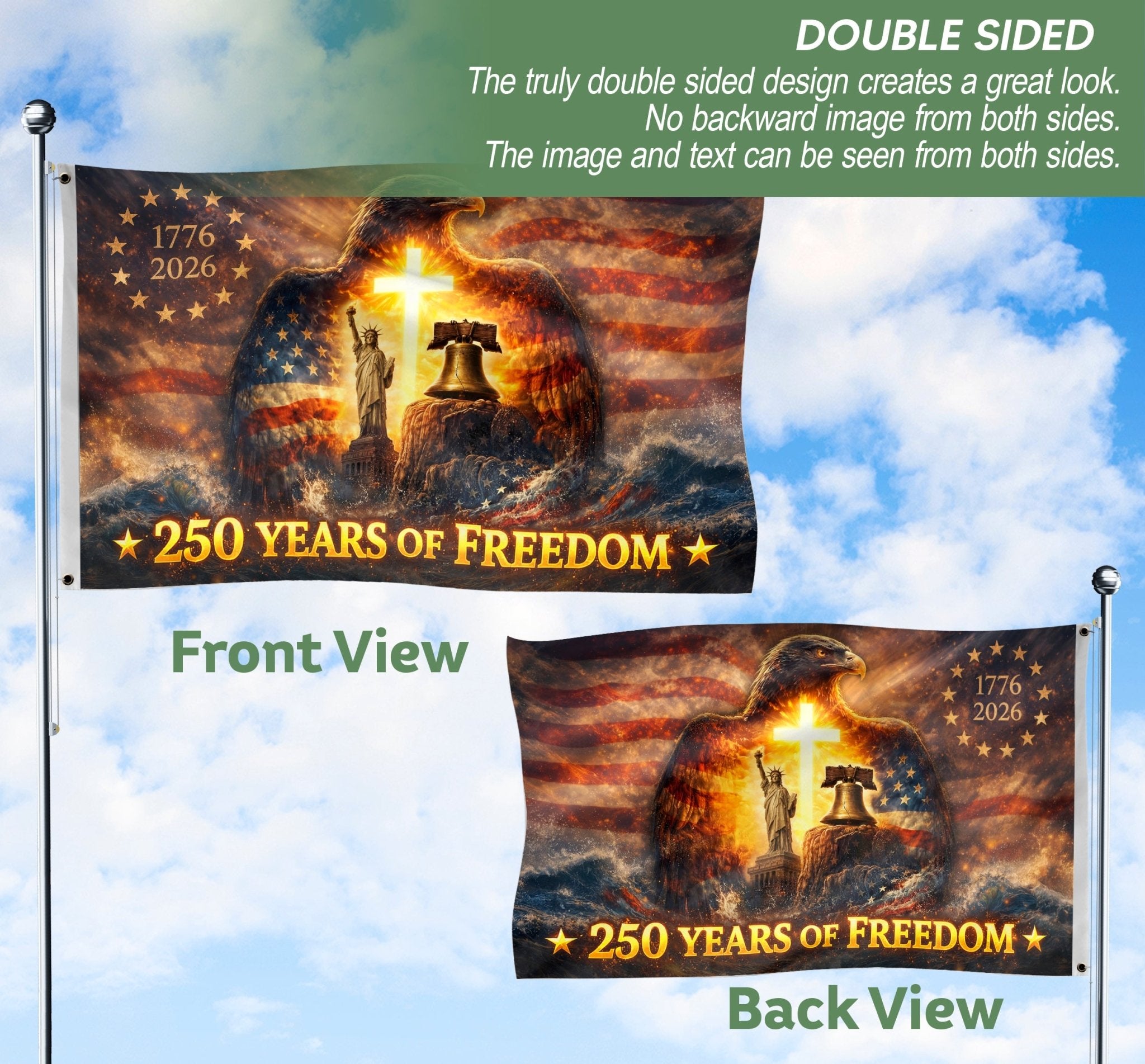 Christian Cross Eagle 250th Anniversary USA House Flag, 250 Years Freedom 1776–2026 - Rust Field Wear