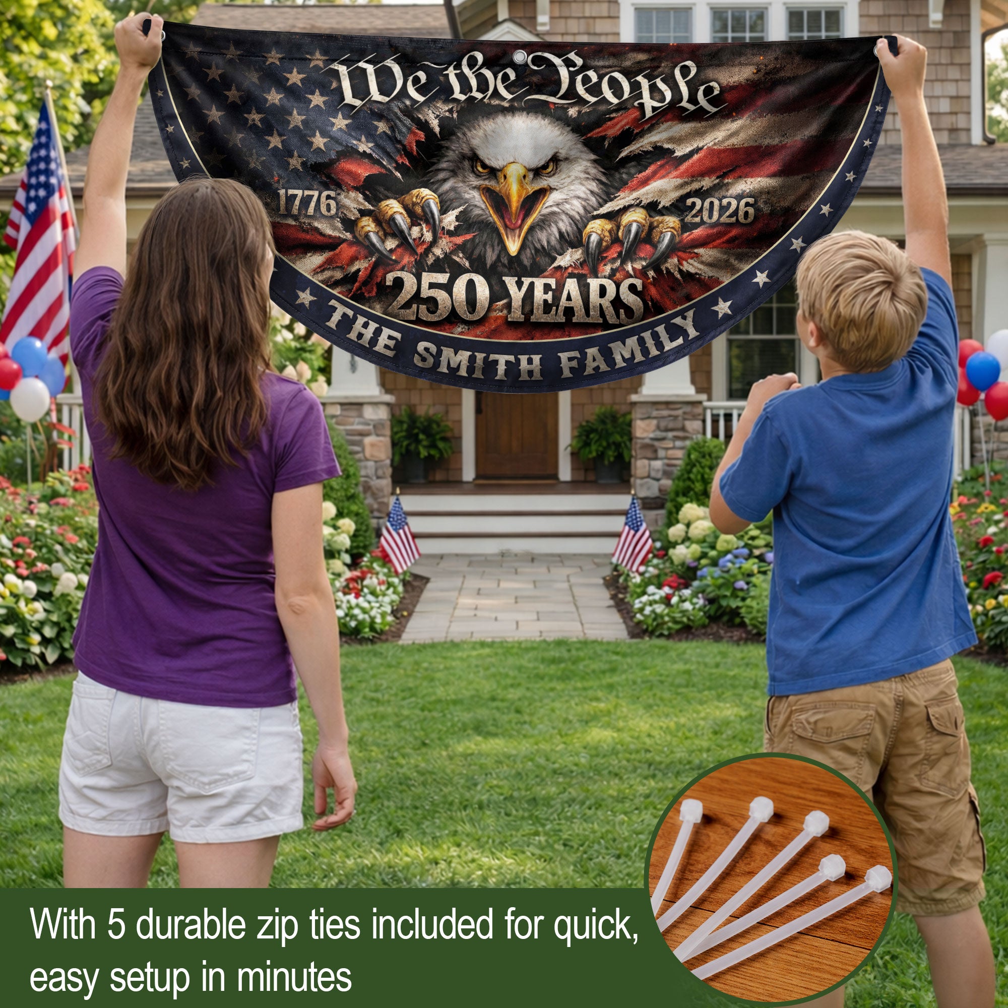 American Eagle Fence Flag Custom Family Name 250 Years Freedom 1776-2026 Patriotic Yard Decor