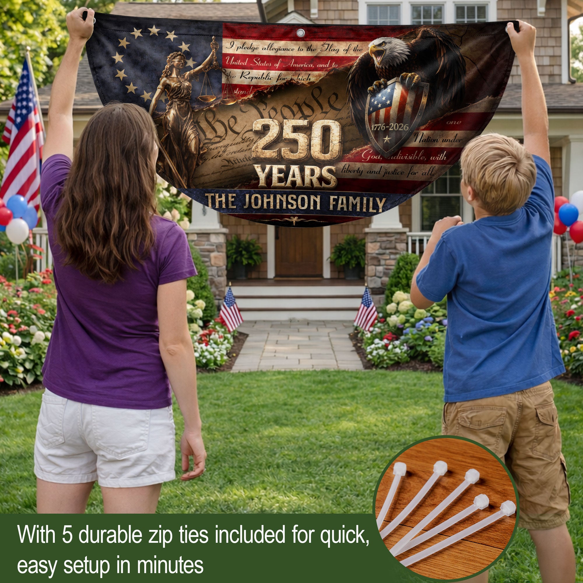 Lady Justice Constitution Fence Flag Custom Family Name 250 Years Freedom 1776-2026 Patriotic Yard Decor