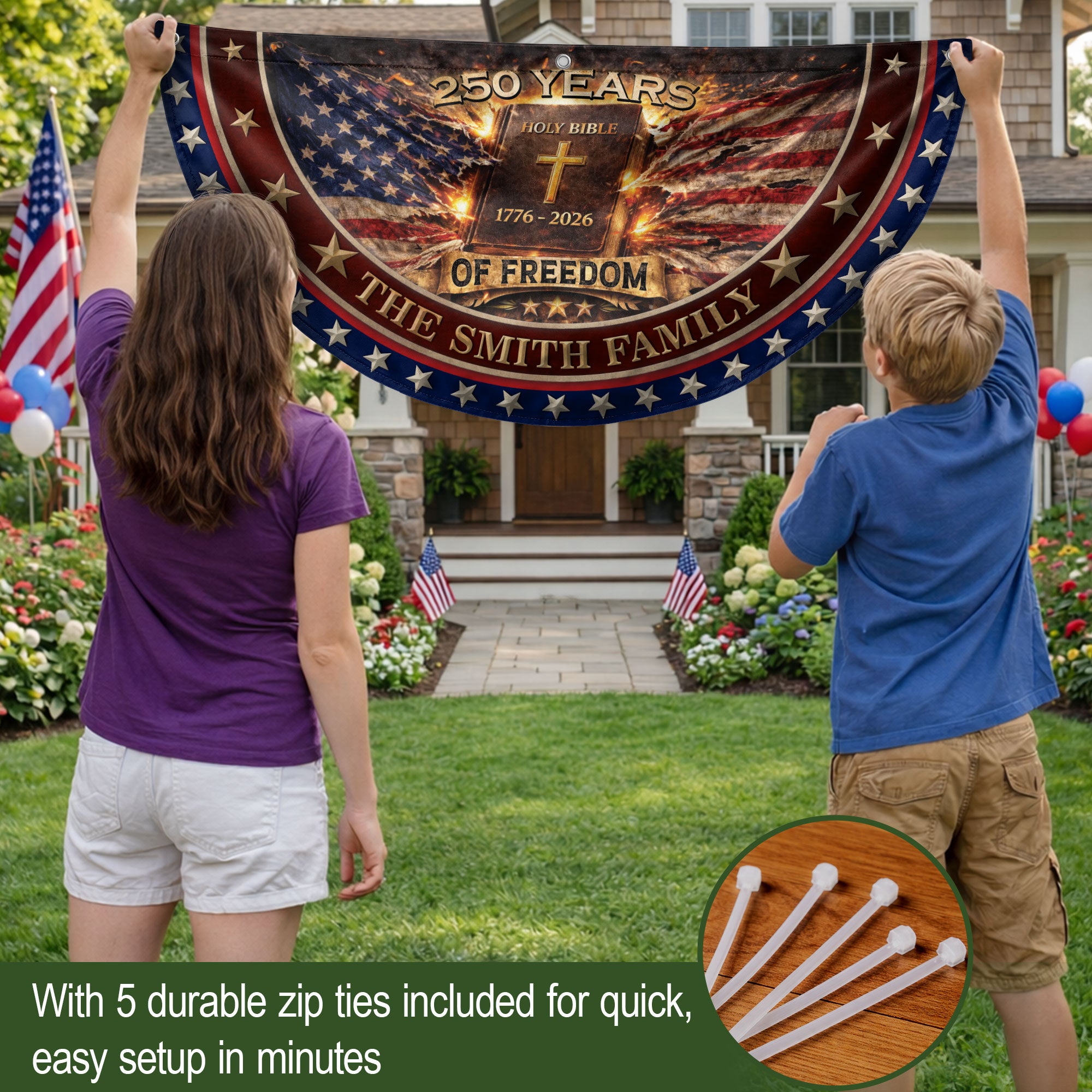 Christian Faith Bible Fence Flag Custom Family Name 250 Years Freedom 1776-2026 Patriotic Decor