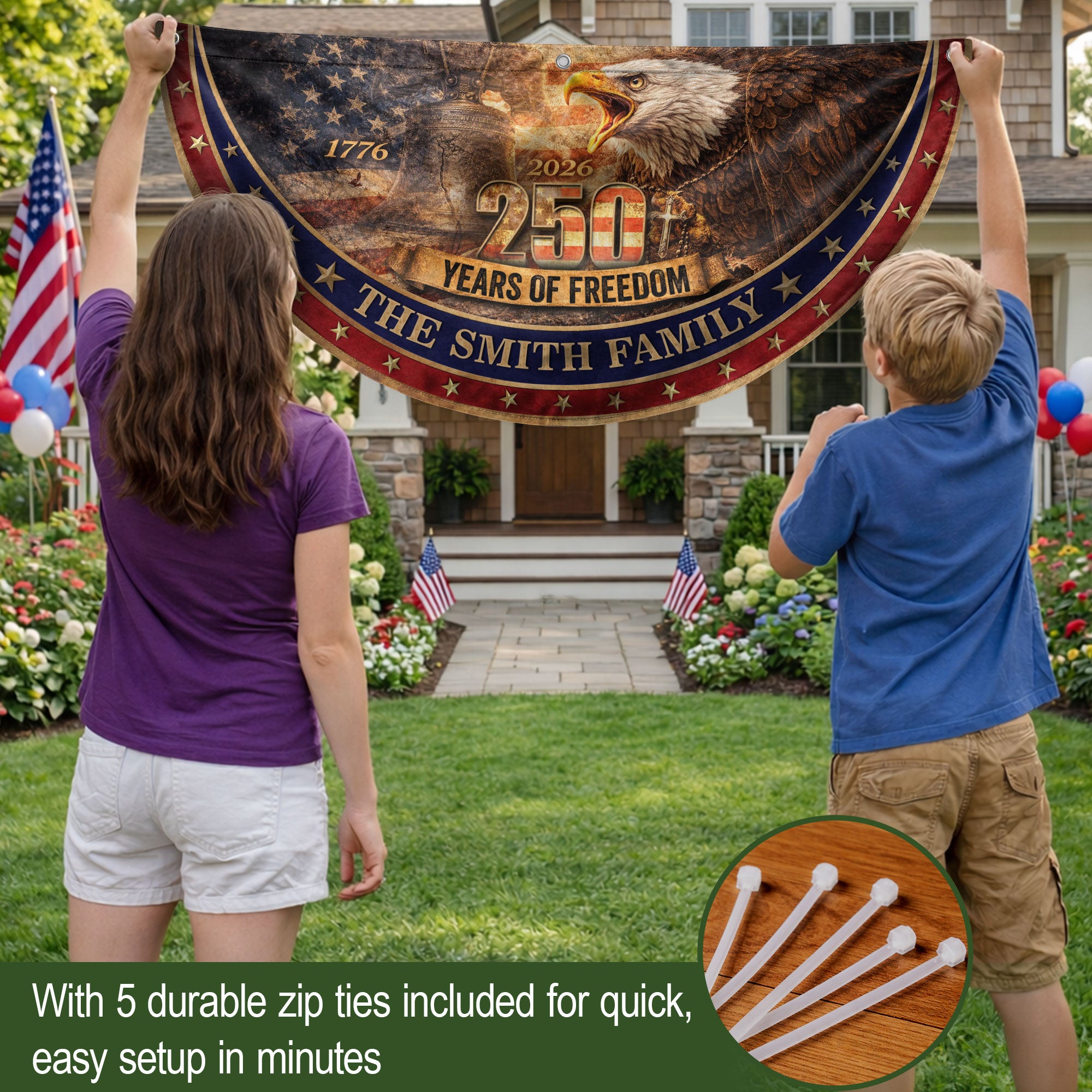 Patriotic Eagle Liberty Bell Fence Flag Custom Family Name 250 Years Freedom 1776-2026 Yard Decor
