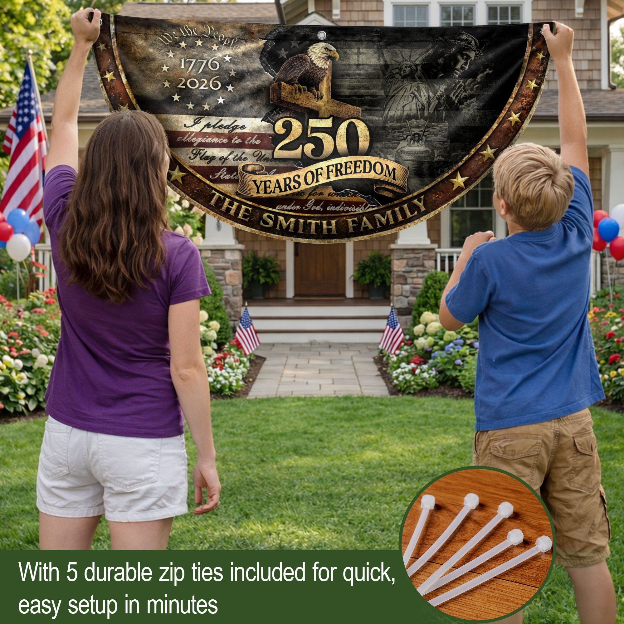 Faith Eagle Cross Fence Flag Custom Family Name 250 Years Freedom 1776-2026 Patriotic Decor