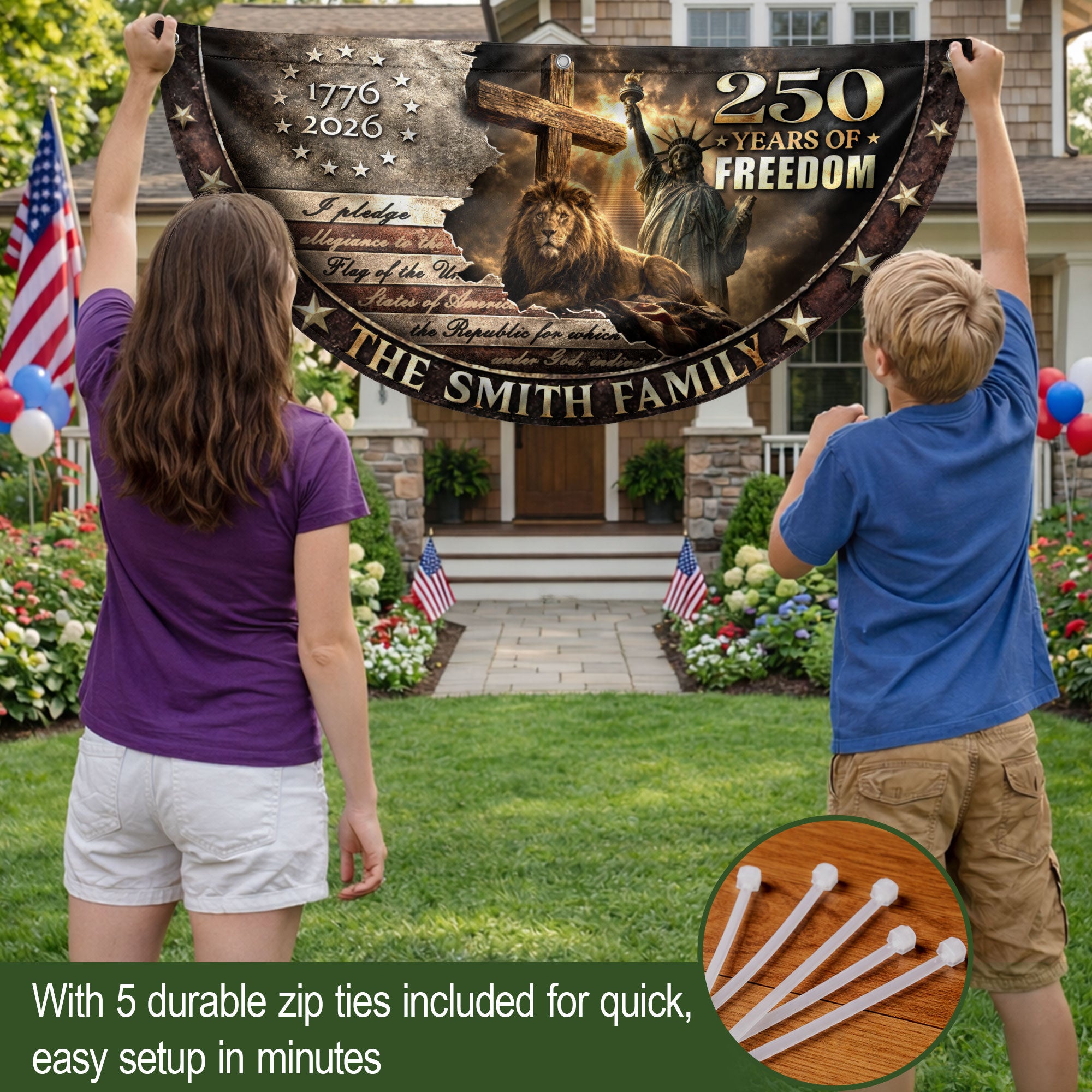 Christian Lion Cross Fence Flag Custom Family Name 250 Years Freedom 1776-2026 Patriotic Decor