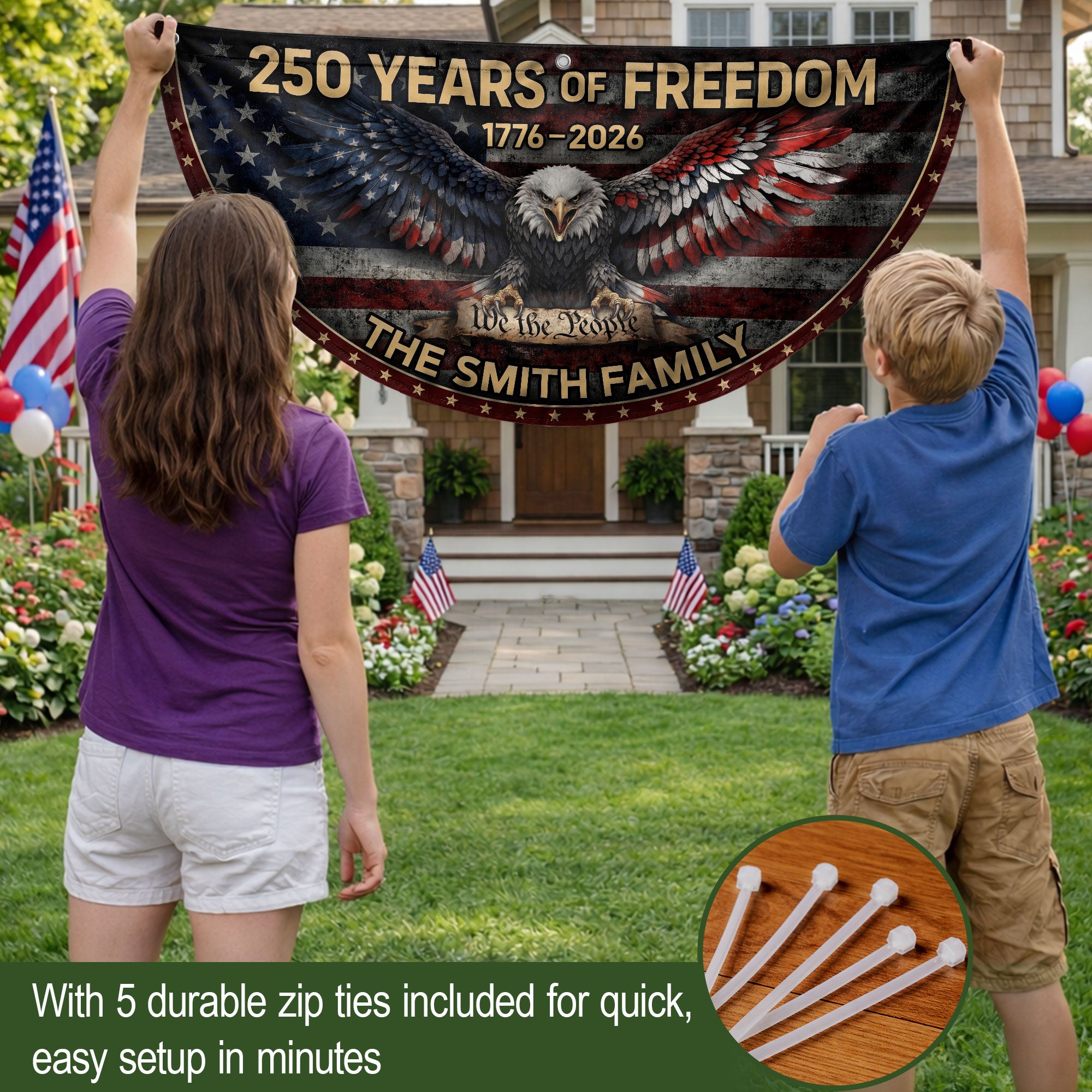 American Bald Eagle Fence Flag Custom Family Name 250 Years Freedom 1776-2026 Patriotic Yard Decor