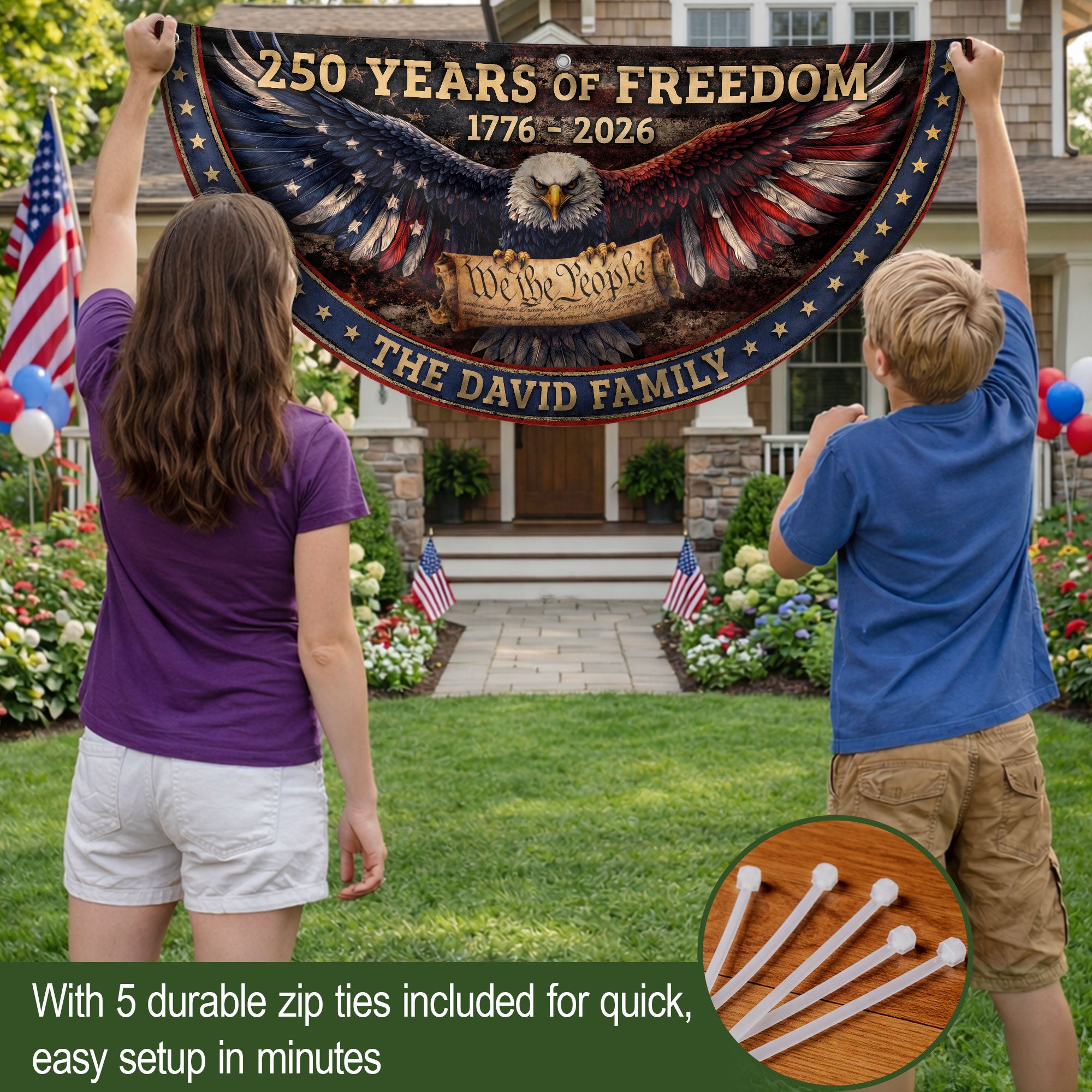 We The People Eagle Fence Flag Personalized Family Name 250 Years of Freedom 1776-2026 Patriotic Decor