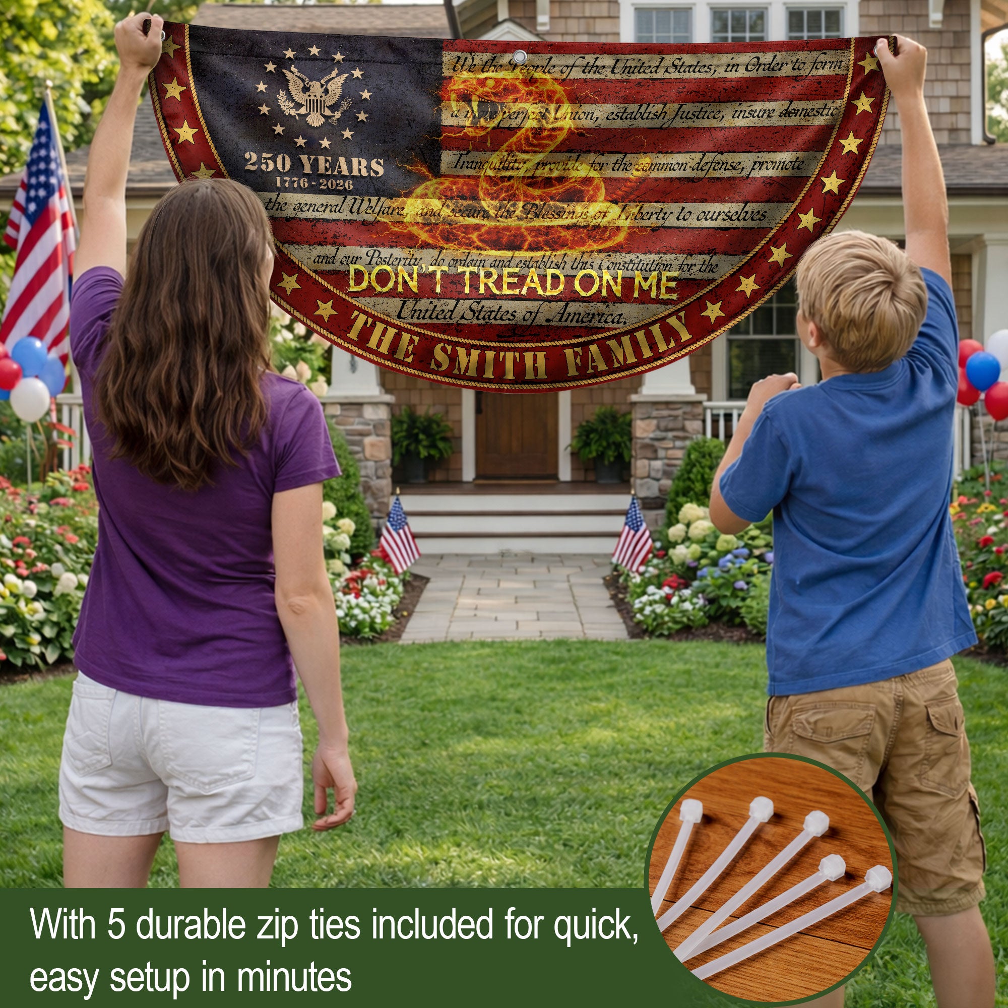 Dont Tread On Me Snake Fence Flag Custom Family Name 250 Years Freedom 1776-2026 Patriotic Yard Decor