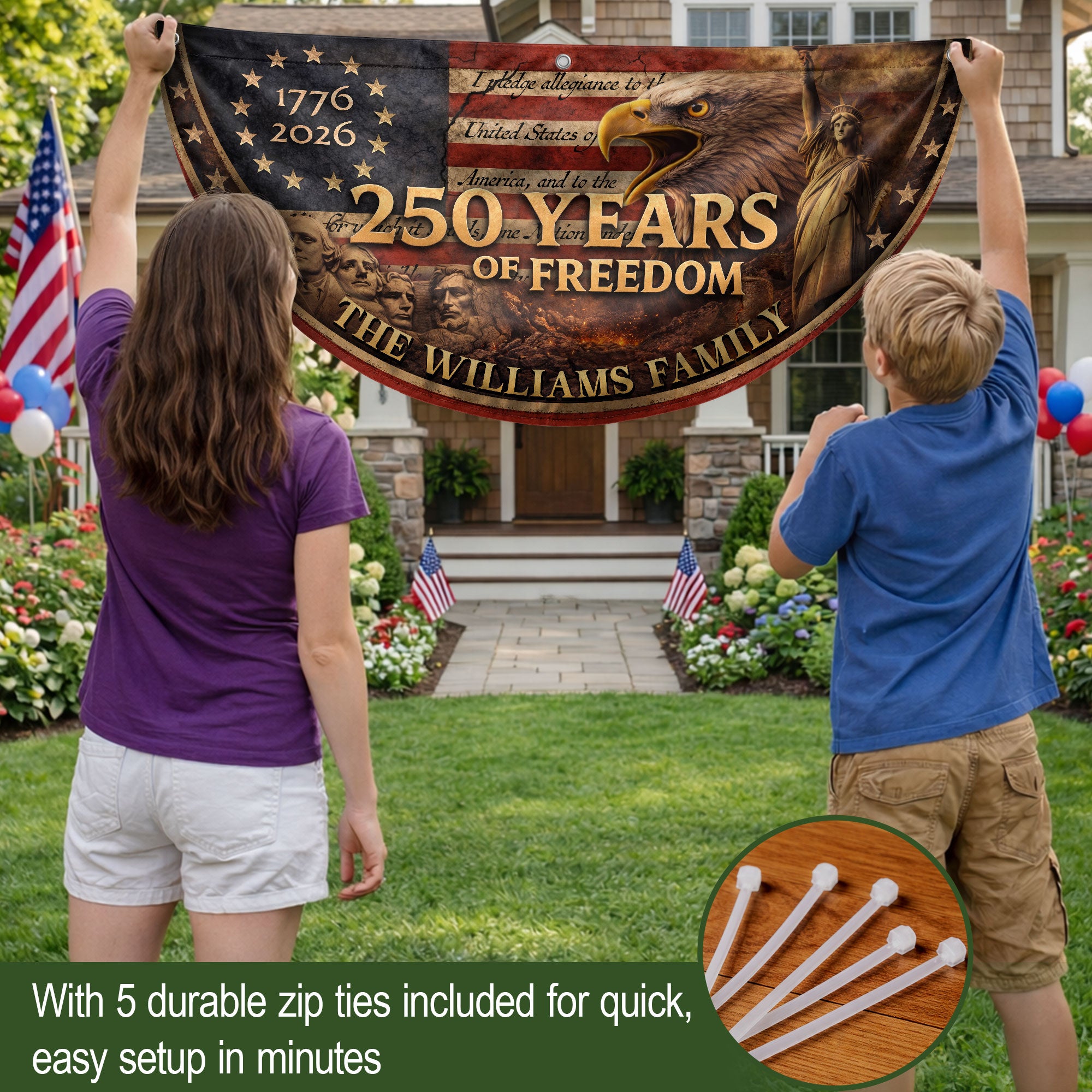 Mount Rushmore Eagle Fence Flag Custom Family Name 250 Years Freedom 1776-2026 Patriotic Yard Decor