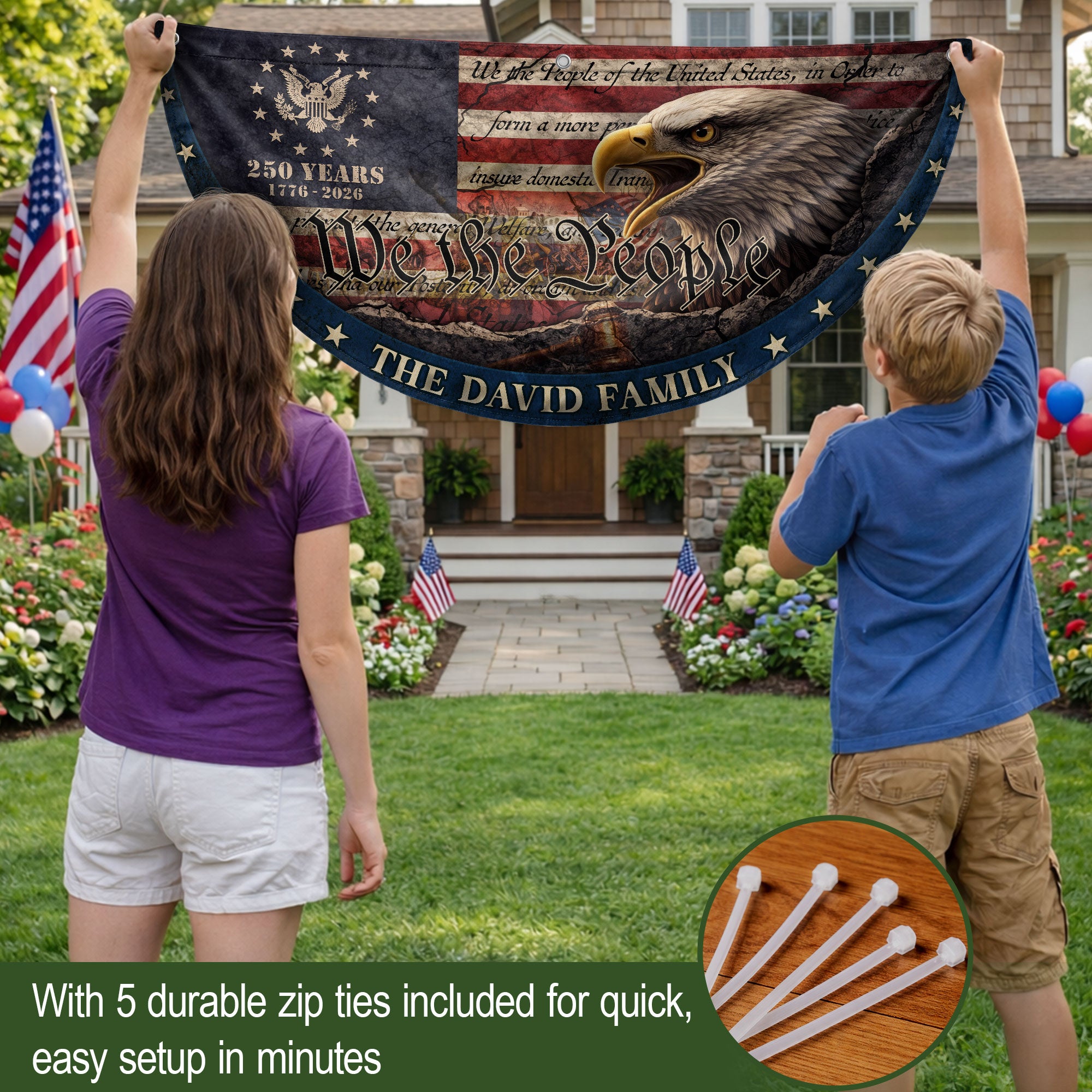 We The People Eagle Head Fence Flag Custom Family Name 250 Years Freedom 1776-2026 Patriotic Yard Decor