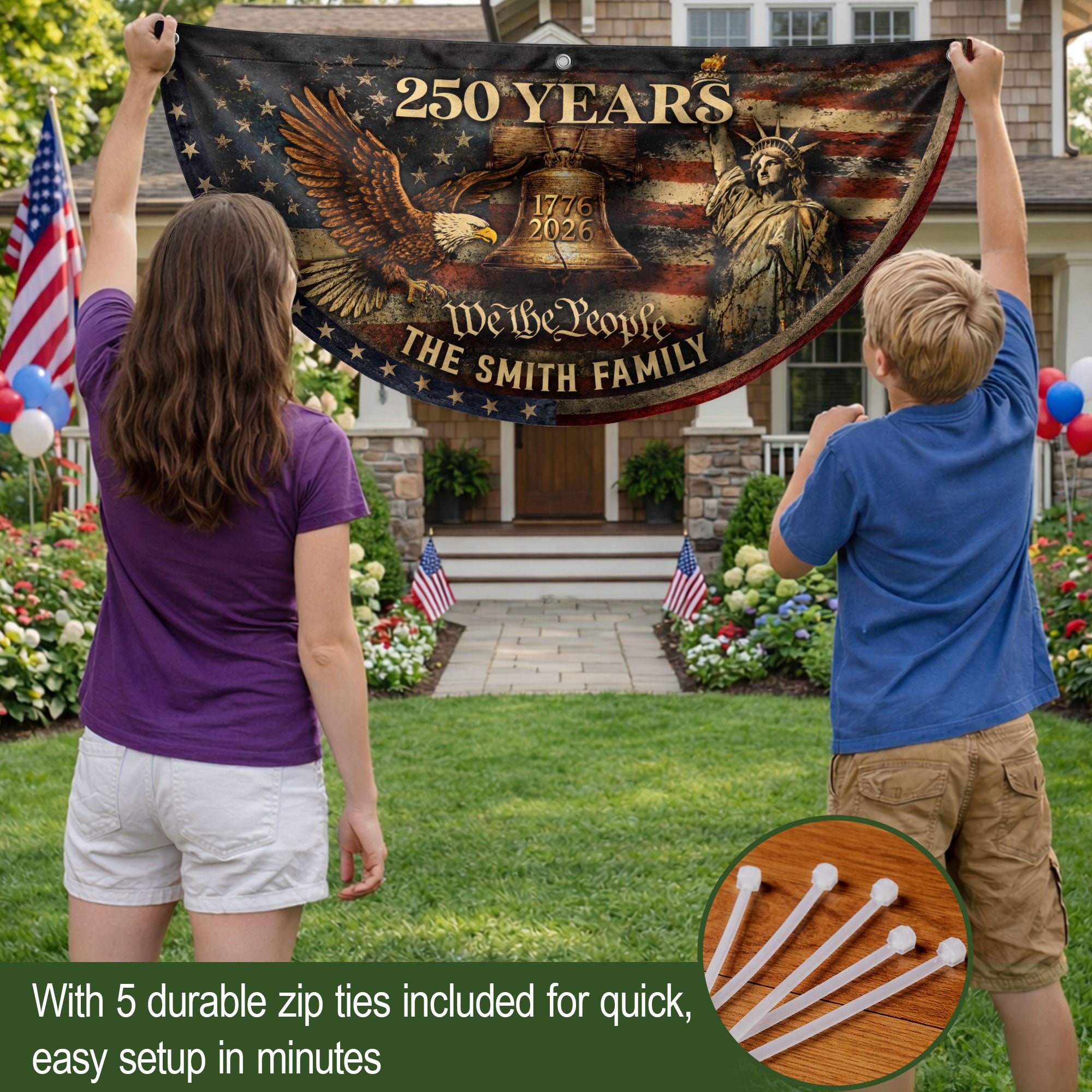 Liberty Bell Eagle Fence Flag Custom Family Name 250 Years Freedom 1776-2026 Patriotic Yard Decor